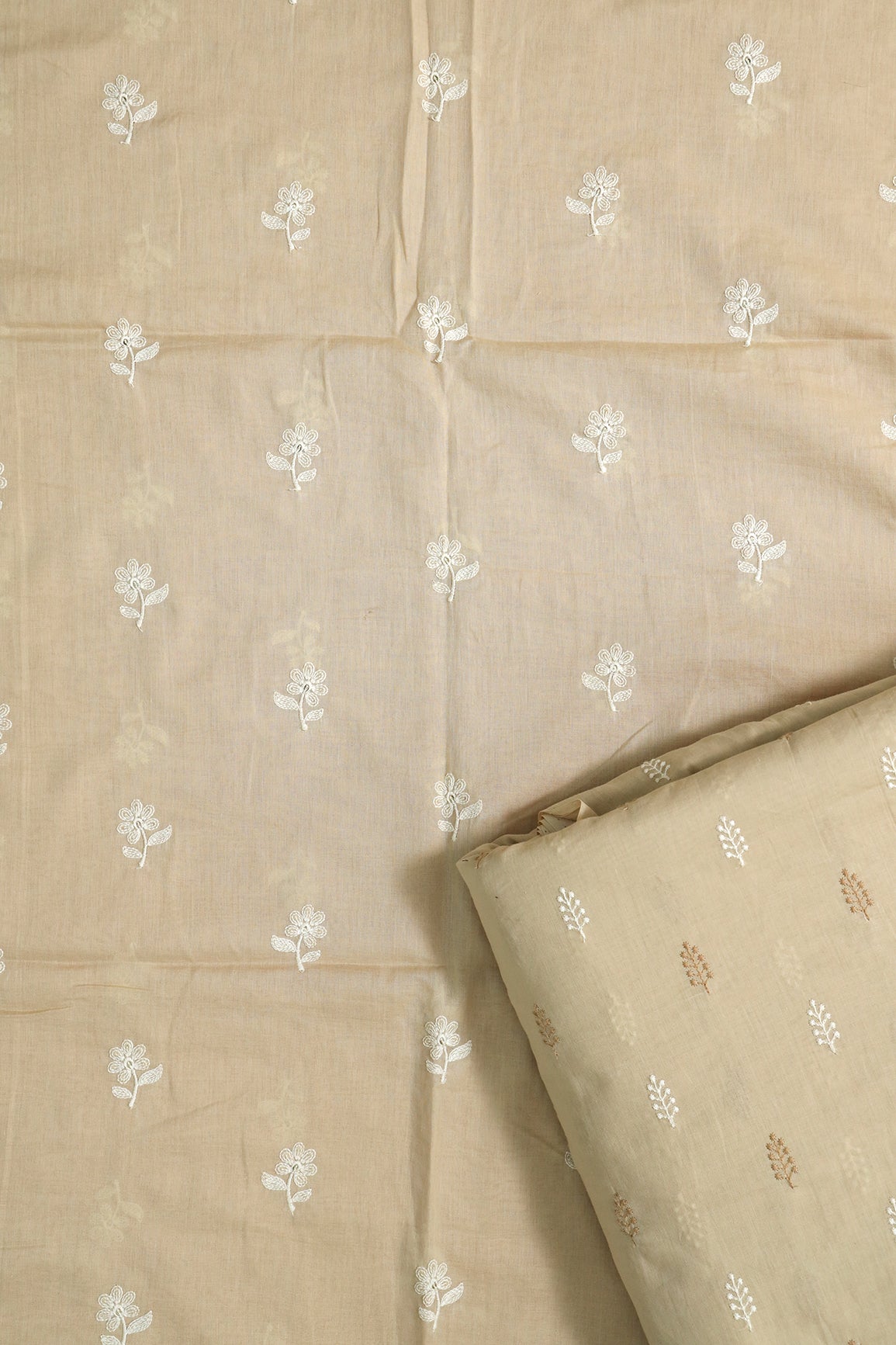 White Floral Embroidery On Beige Pure Mul Cotton Unstitched Suit Set (2 Piece)