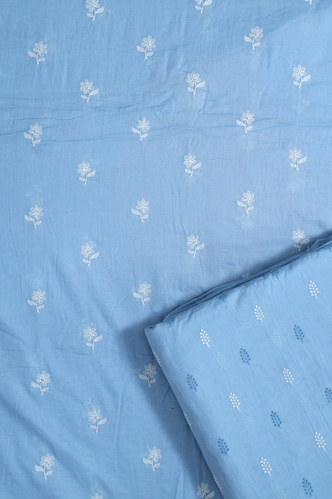 White Floral Embroidery On Pastel Blue Pure Mul Cotton Unstitched Suit Set (2 Piece)