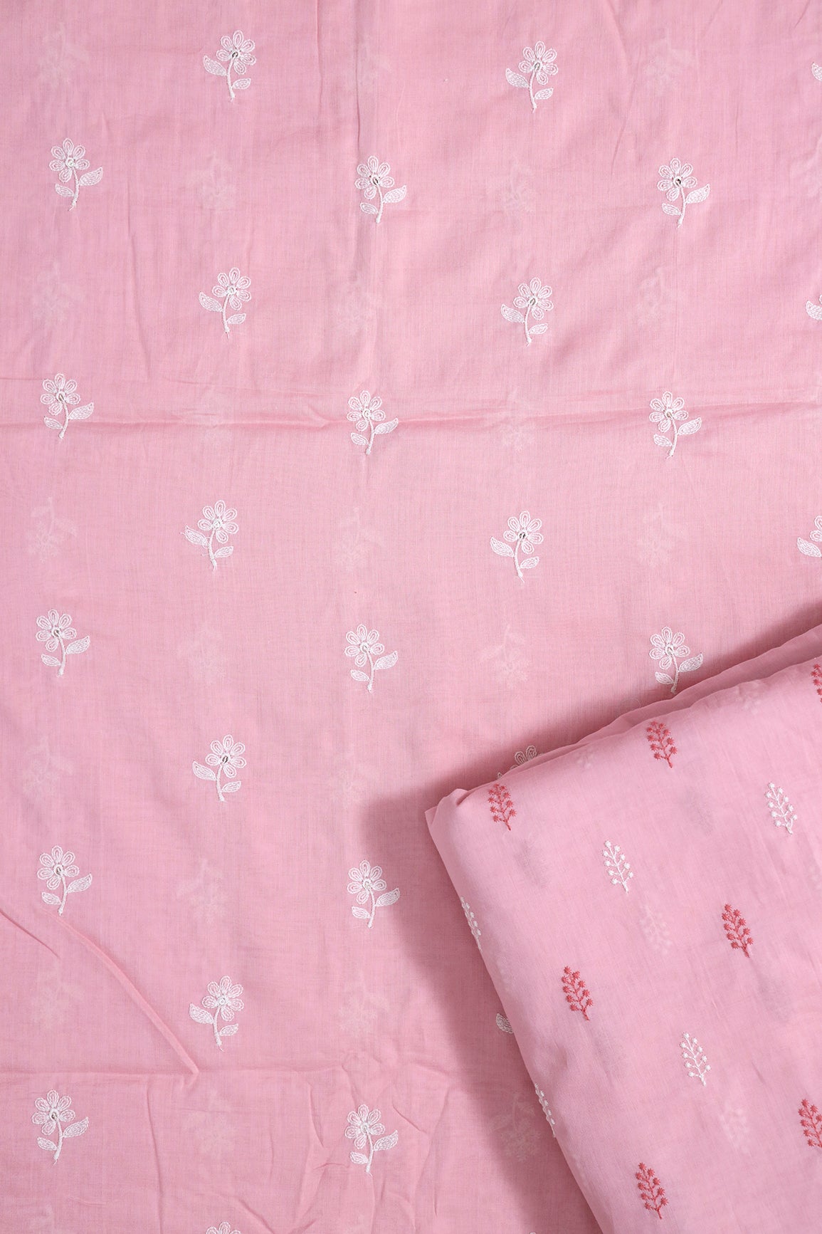 White Floral Embroidery On Pink Pure Mul Cotton Unstitched Suit Set (2 Piece)