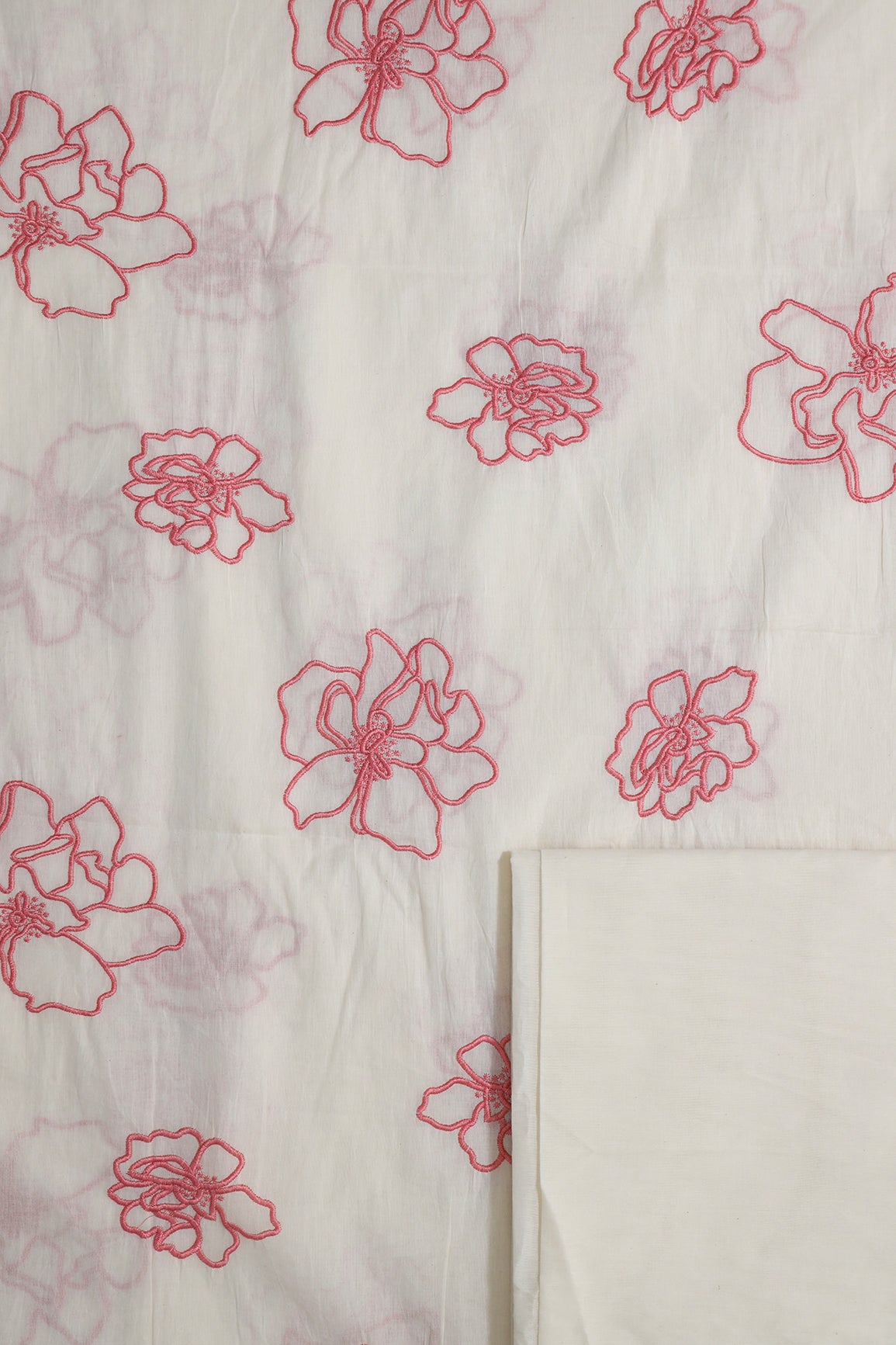 Gajri Pink Floral Embroidery On Off White Cotton Unstitched Suit Set (2 Piece)
