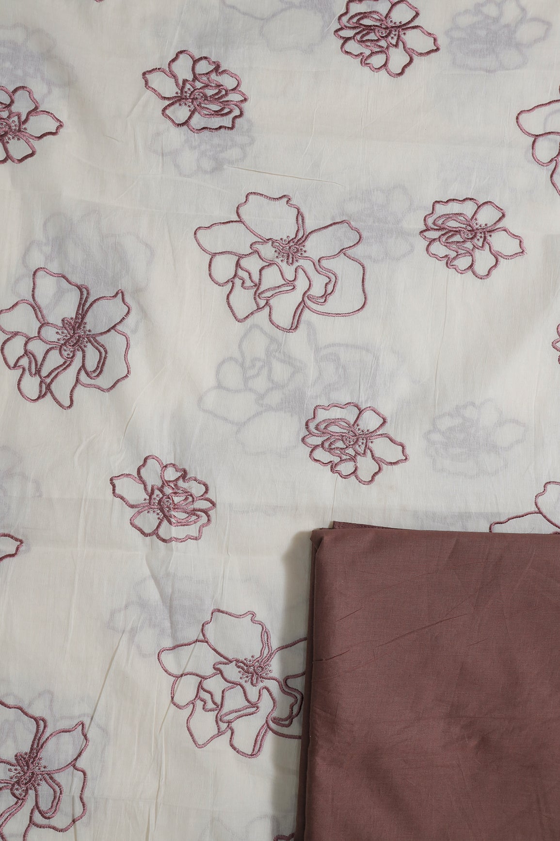 Mauve Floral Embroidery On Off White Cotton Unstitched Suit Set (2 Piece)