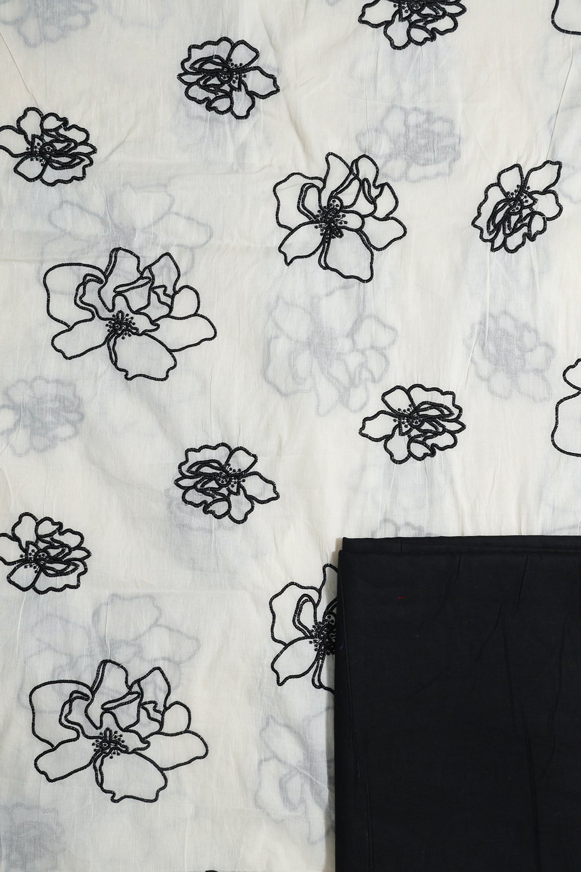 Black Floral Embroidery On Off White Cotton Unstitched Suit Set (2 Piece)