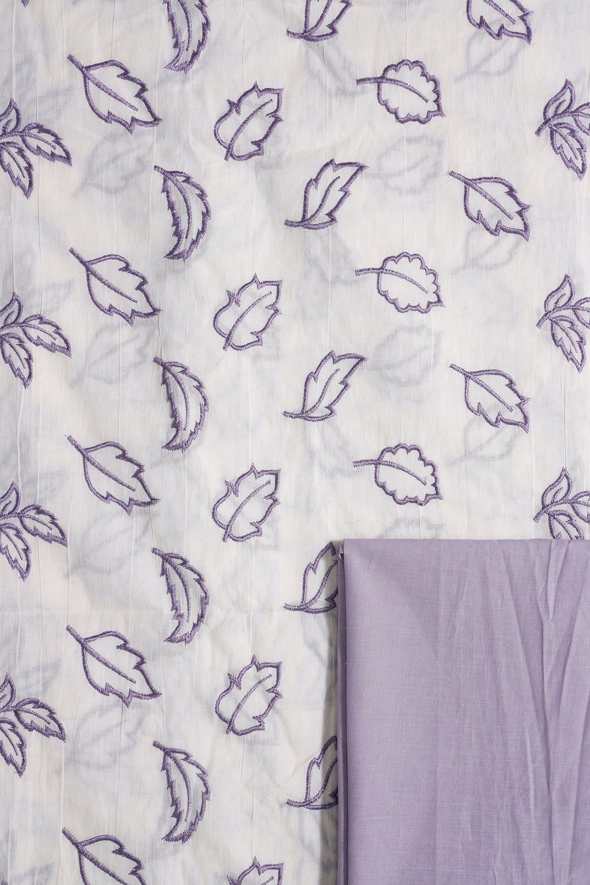 Lavender Leafy Embroidery On Off White Cotton Unstitched Suit Set (2 Piece)