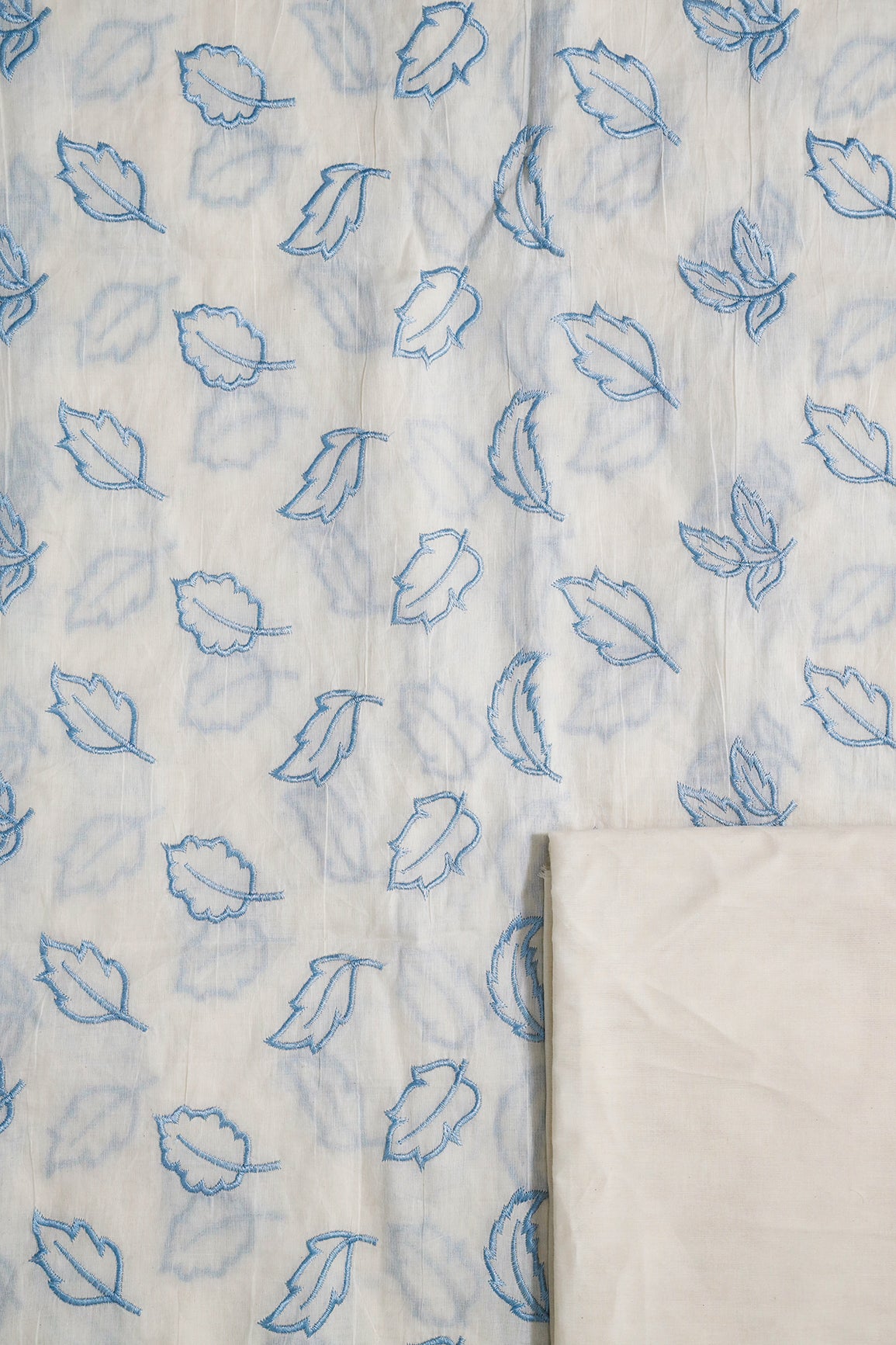 Blue Leafy Embroidery On Off White Cotton Unstitched Suit Set (2 Piece)