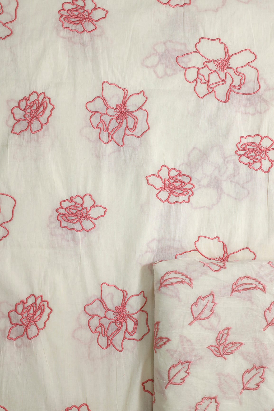 Gajri Pink Leafy Embroidery On Off White Cotton Unstitched Suit Set (2 Piece)