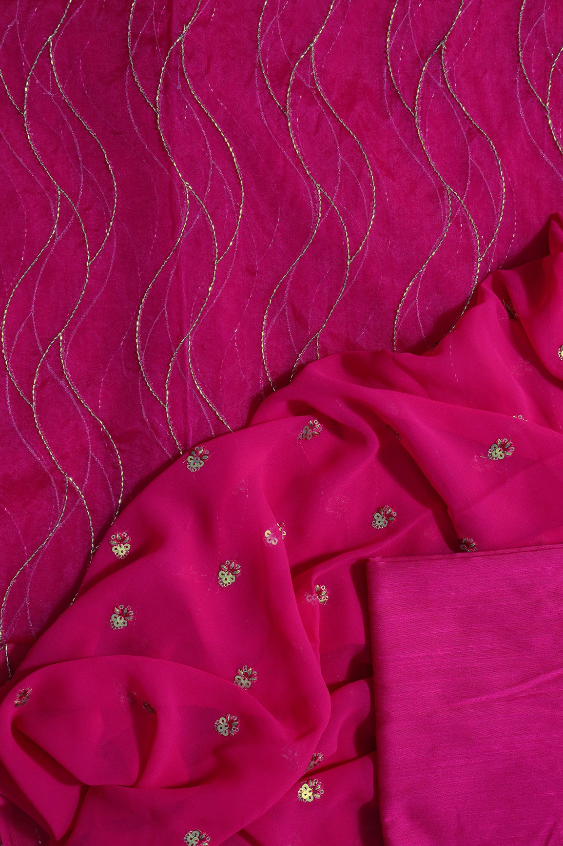 Fuchsia Cut Dana Beads Unstitched Suit Set (3 Piece)