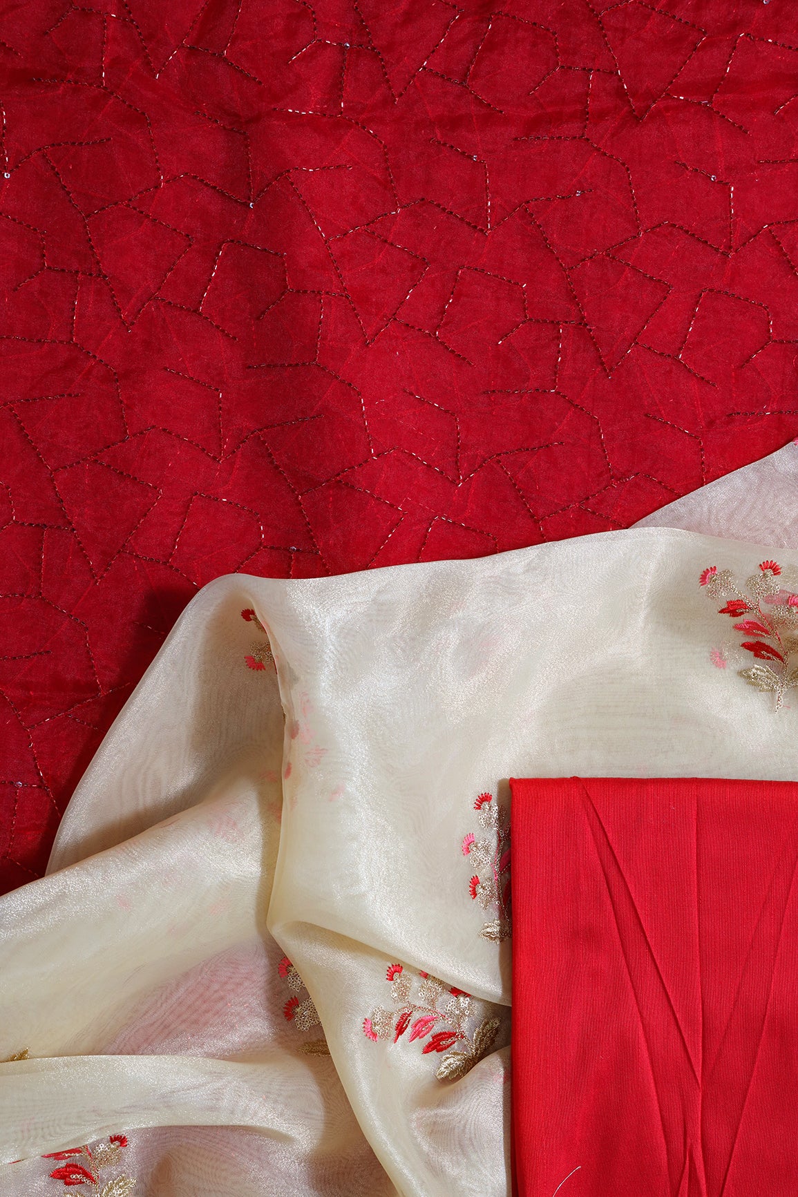Red Cut Dana Beads Unstitched Suit Set (3 Piece)