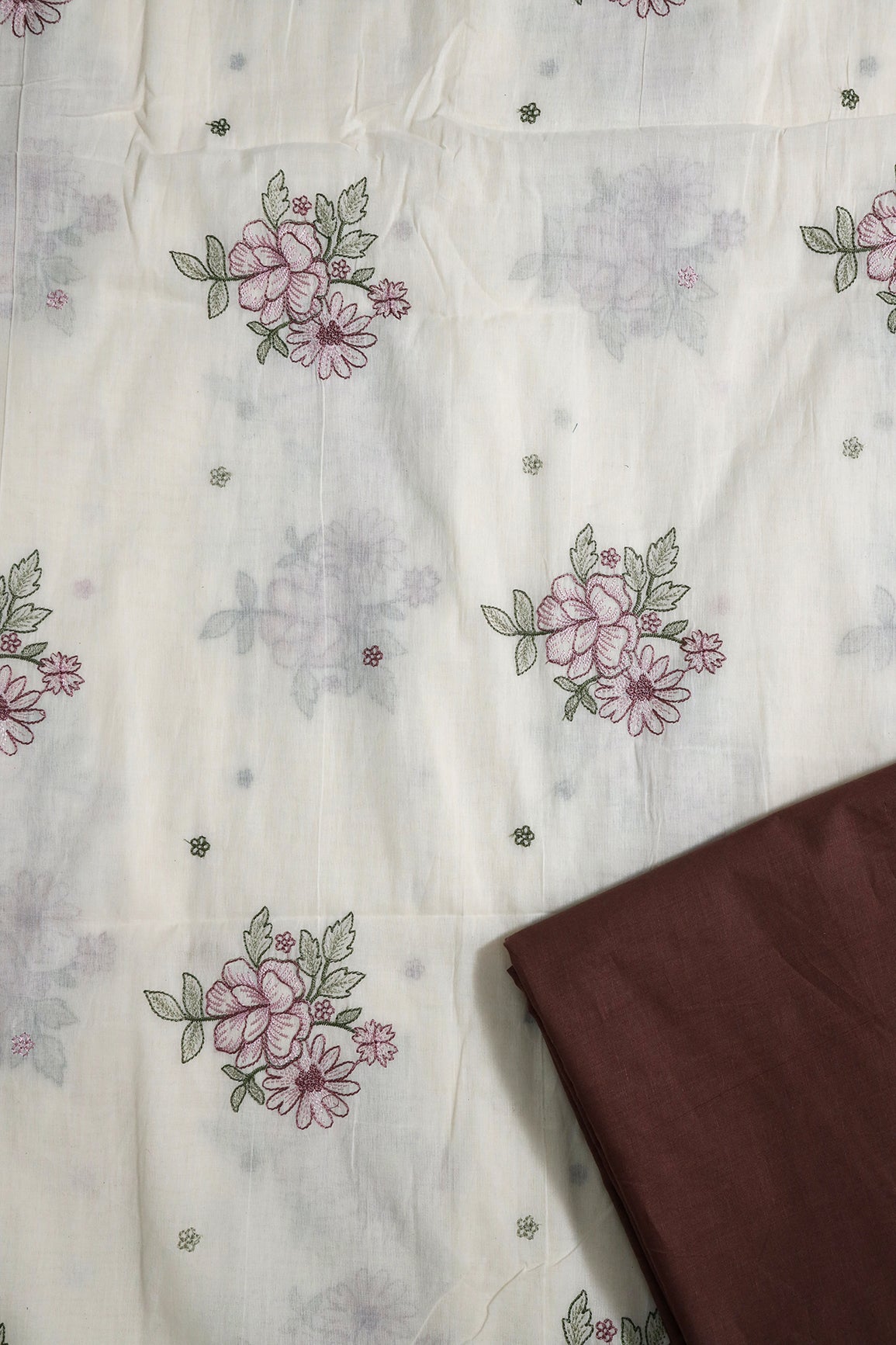 Mauve And Olive  Embroidery On Off White Organic Cotton Unstitched Suit Set (2 Piece)