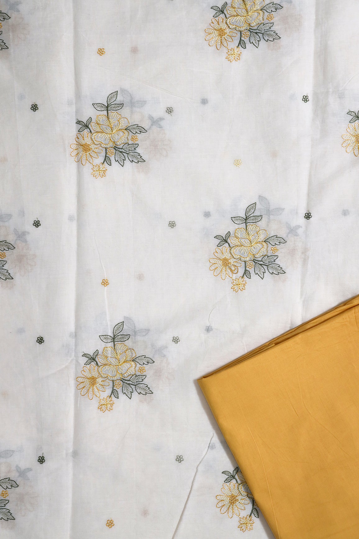 Mustard And Olive  Embroidery On Off White Organic Cotton Unstitched Suit Set (2 Piece)