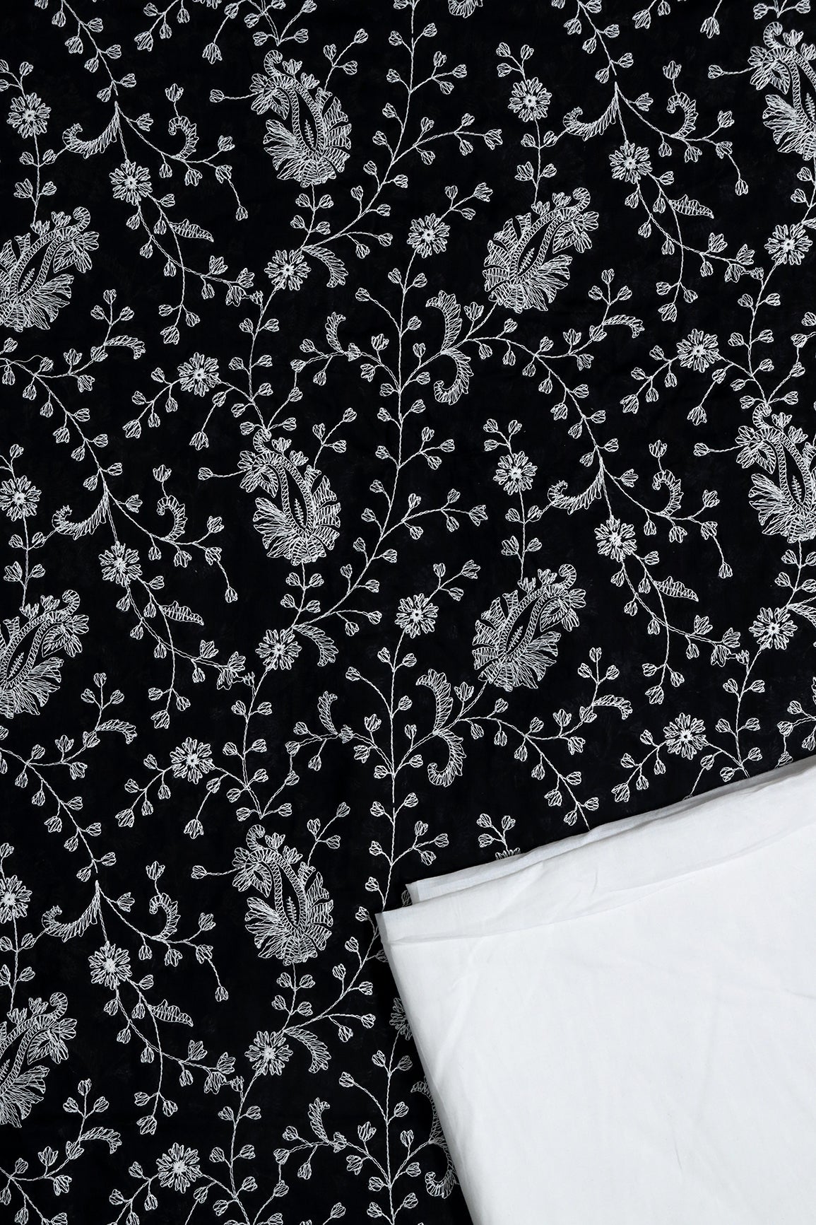 White Thread Paisley Embroidery On Black Unstitched Suit Set (2 Piece)