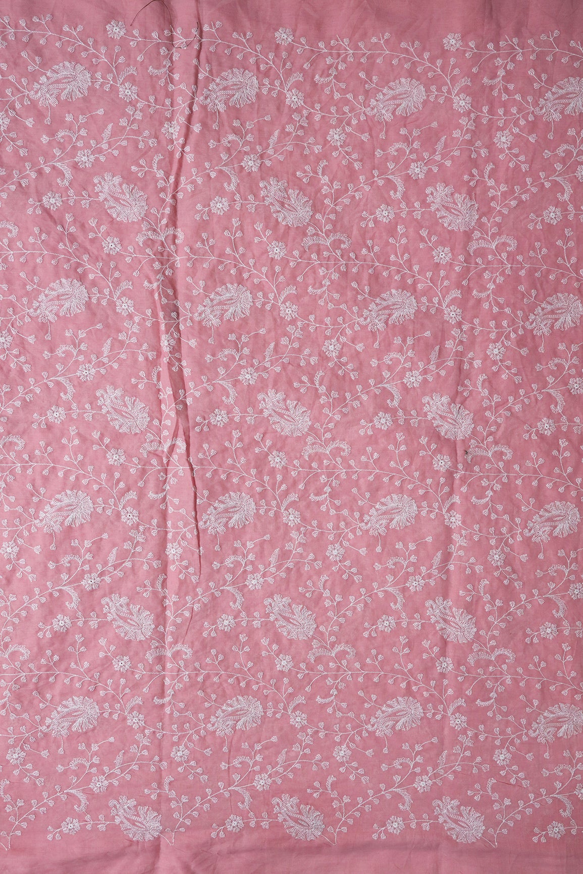 Beautiful White Thread Floral Paisley Embroidery On Pink Pure Mul Cotton Fabric