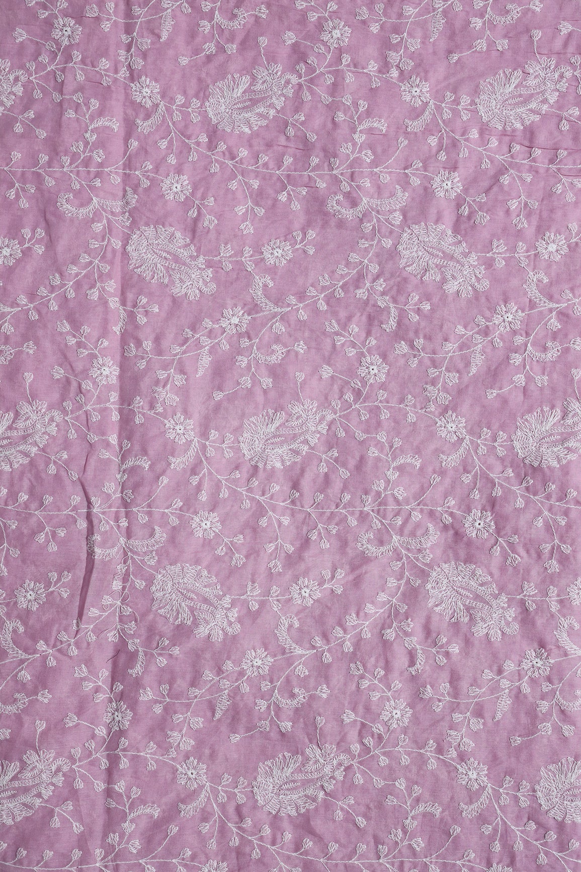 Beautiful White Thread Floral Paisley Embroidery On Lilac Pure Mul Cotton Fabric