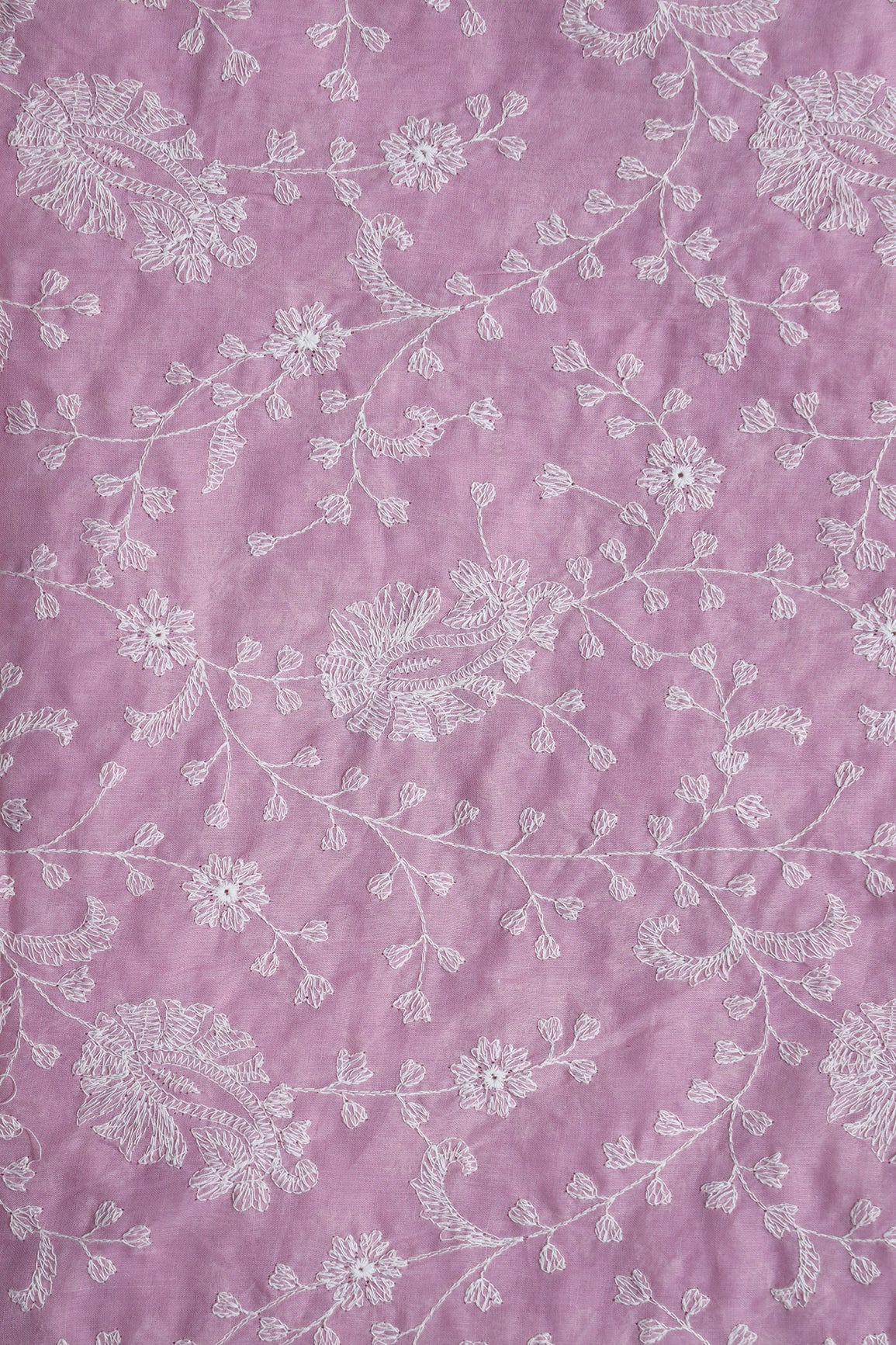 Beautiful White Thread Floral Paisley Embroidery On Lilac Pure Mul Cotton Fabric