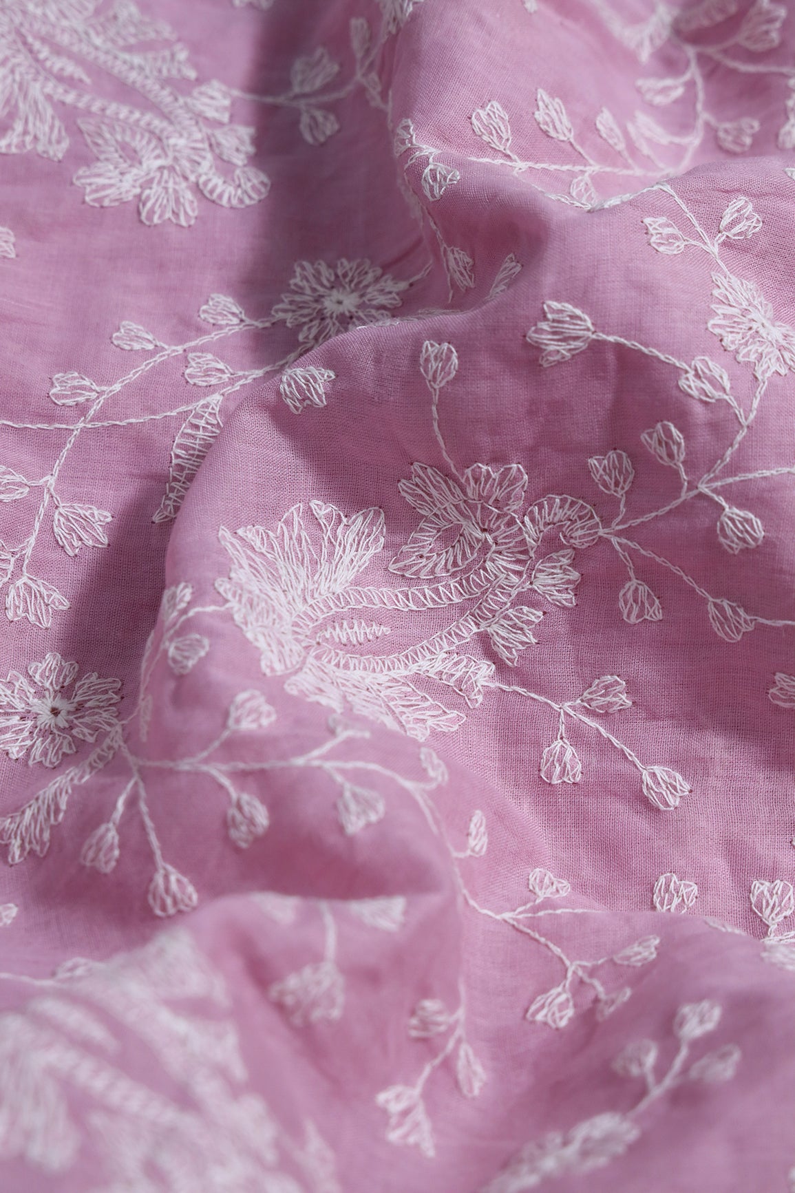 Beautiful White Thread Floral Paisley Embroidery On Lilac Pure Mul Cotton Fabric