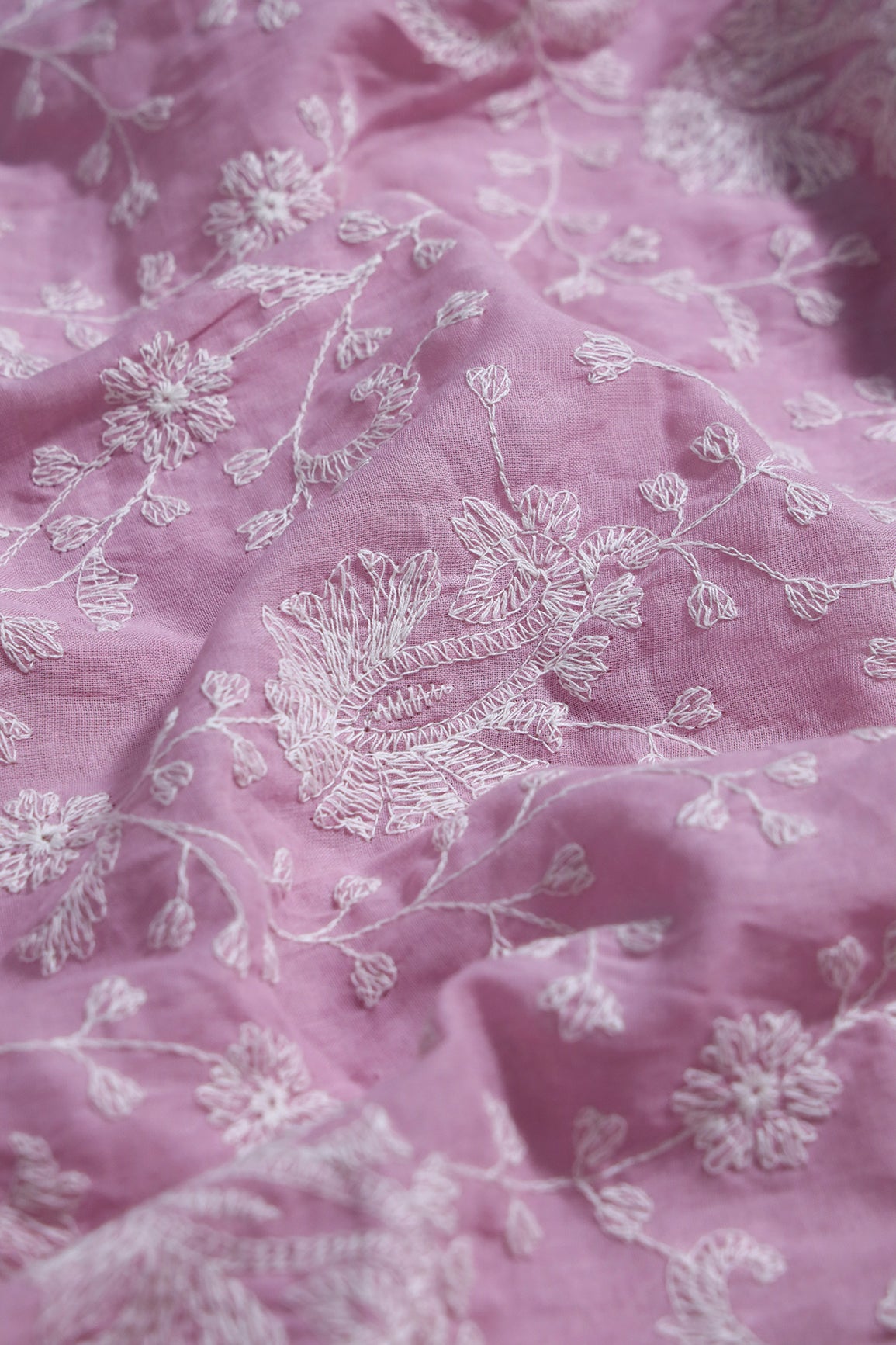 Beautiful White Thread Floral Paisley Embroidery On Lilac Pure Mul Cotton Fabric