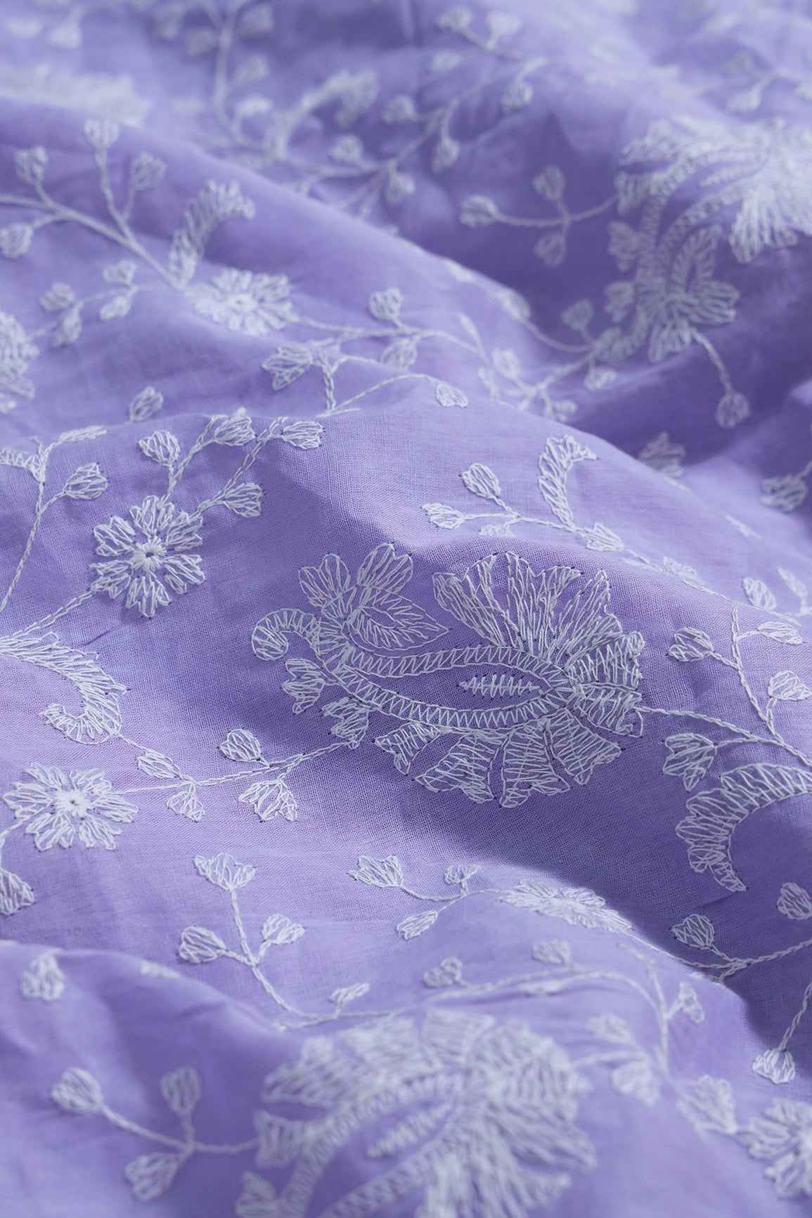 Beautiful White Thread Floral Paisley Embroidery On Lavender Pure Mul Cotton Fabric