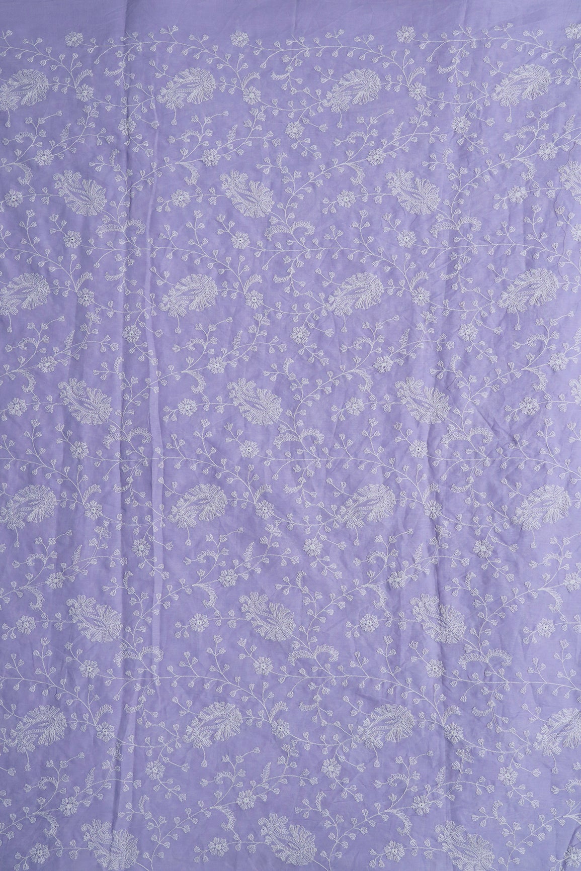 Beautiful White Thread Floral Paisley Embroidery On Lavender Pure Mul Cotton Fabric