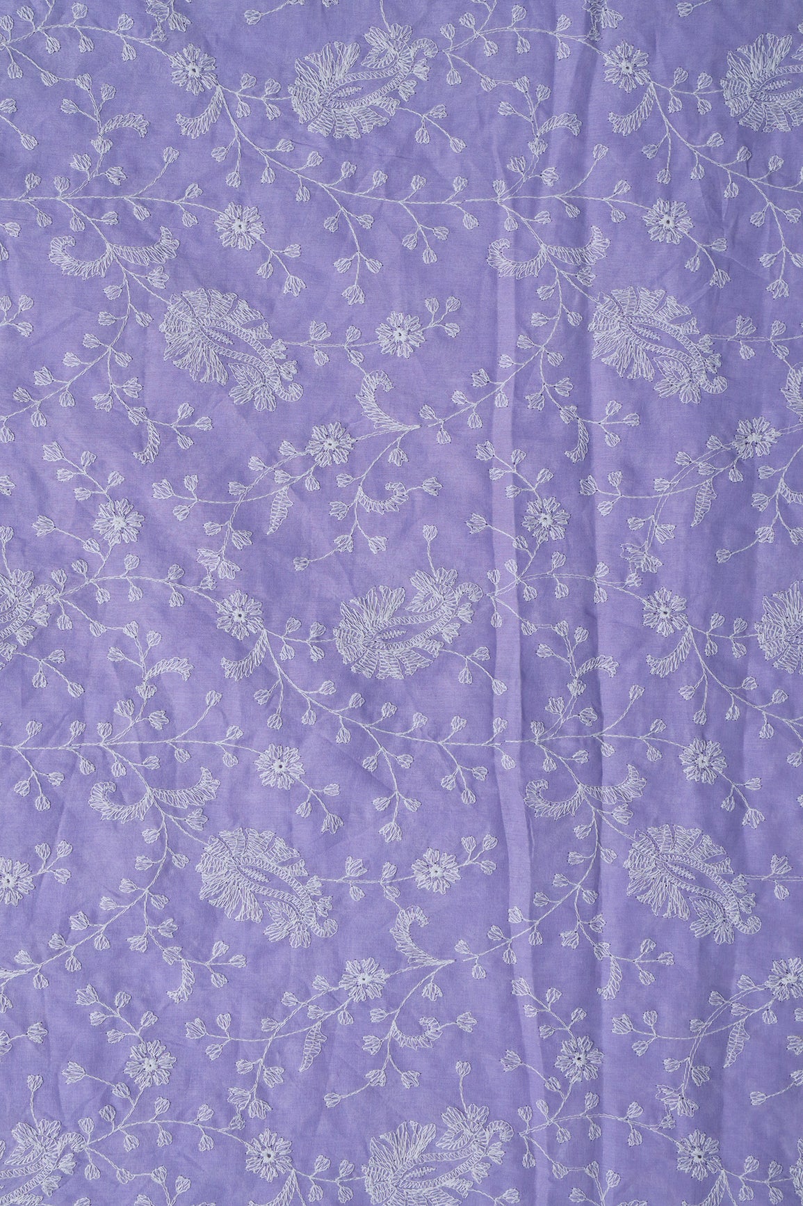 Beautiful White Thread Floral Paisley Embroidery On Lavender Pure Mul Cotton Fabric