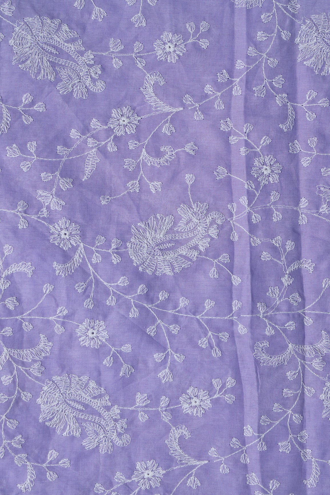 Beautiful White Thread Floral Paisley Embroidery On Lavender Pure Mul Cotton Fabric