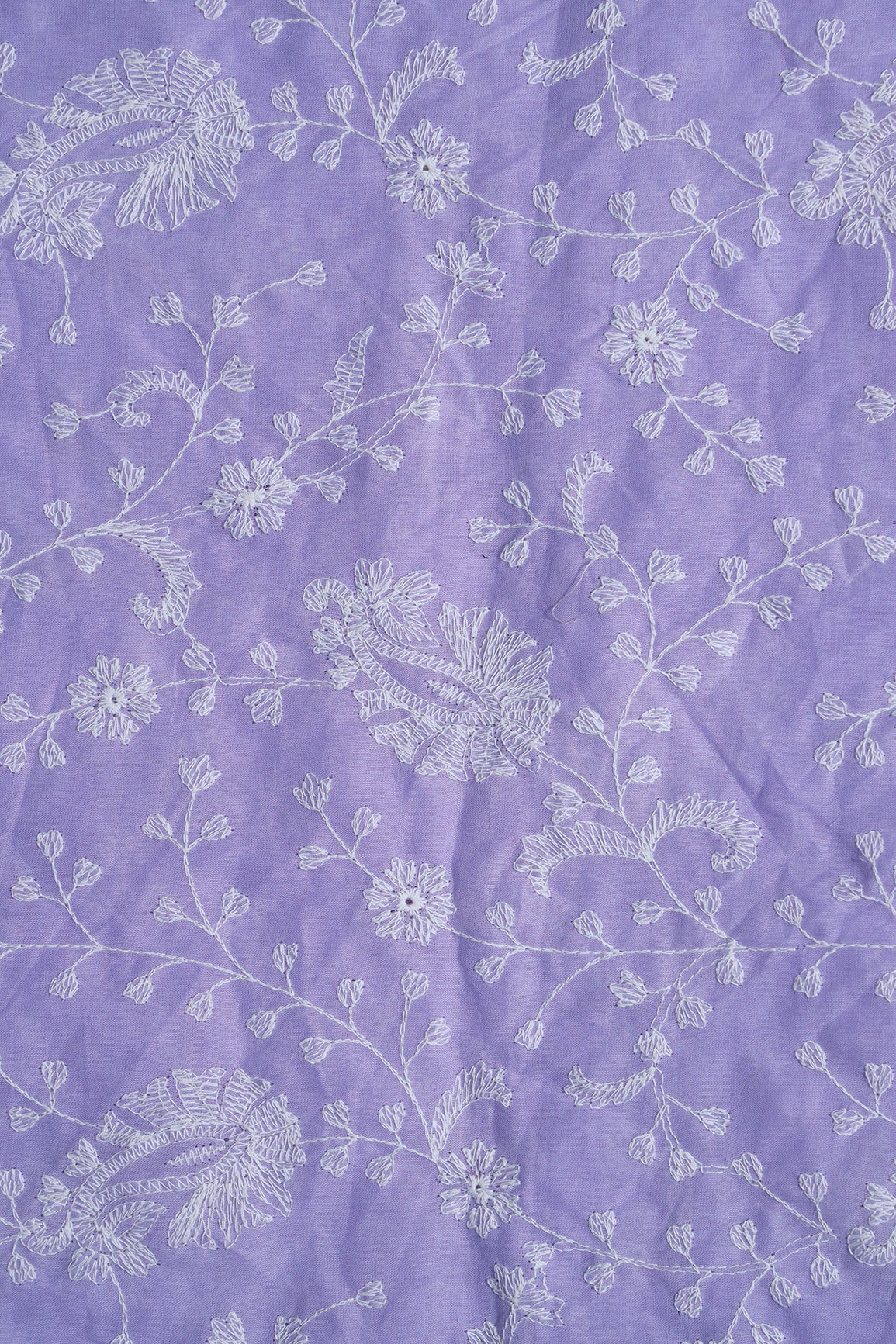 Beautiful White Thread Floral Paisley Embroidery On Lavender Pure Mul Cotton Fabric