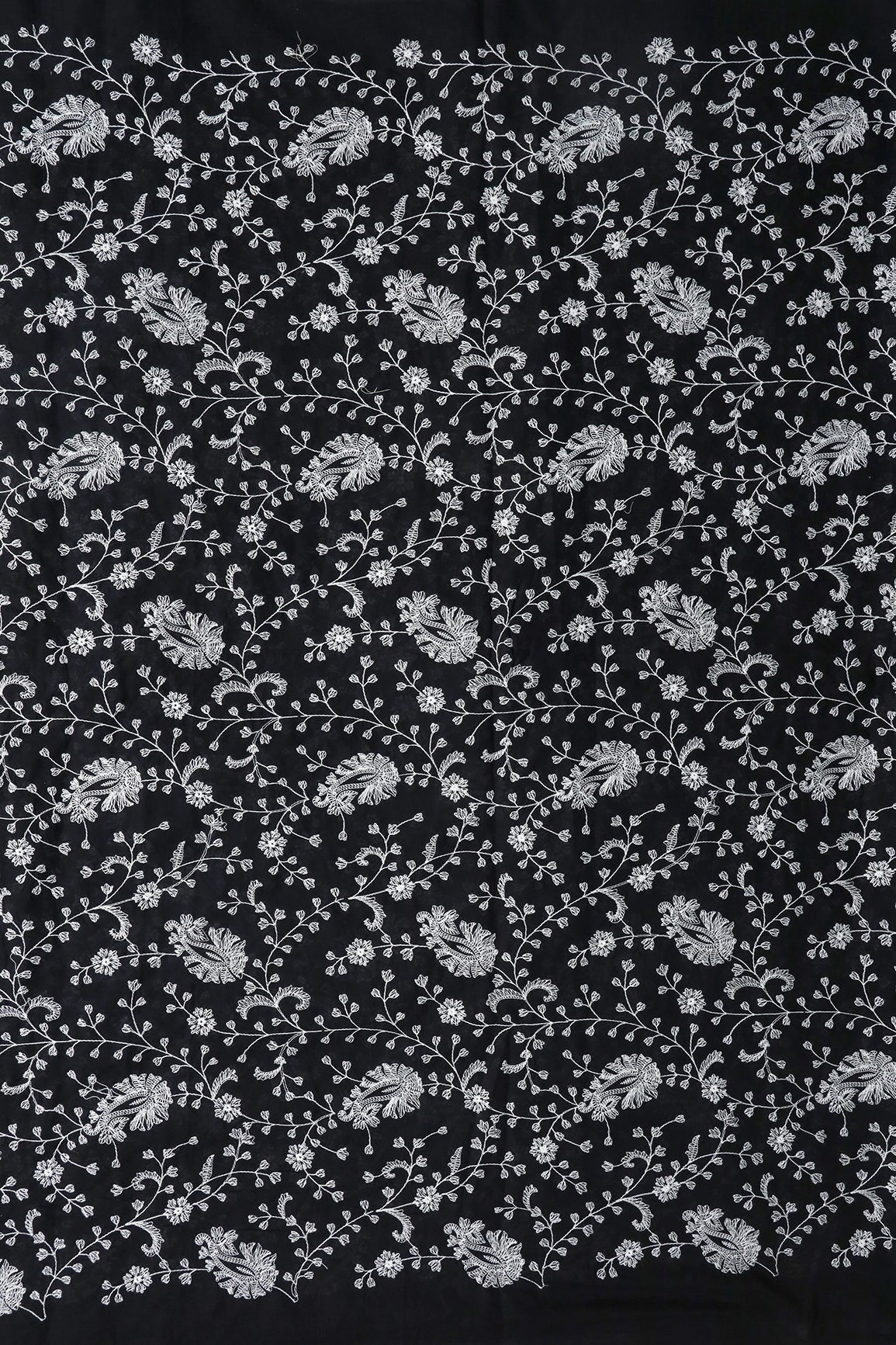 Beautiful White Thread Floral Paisley Embroidery On Black Pure Mul Cotton Fabric