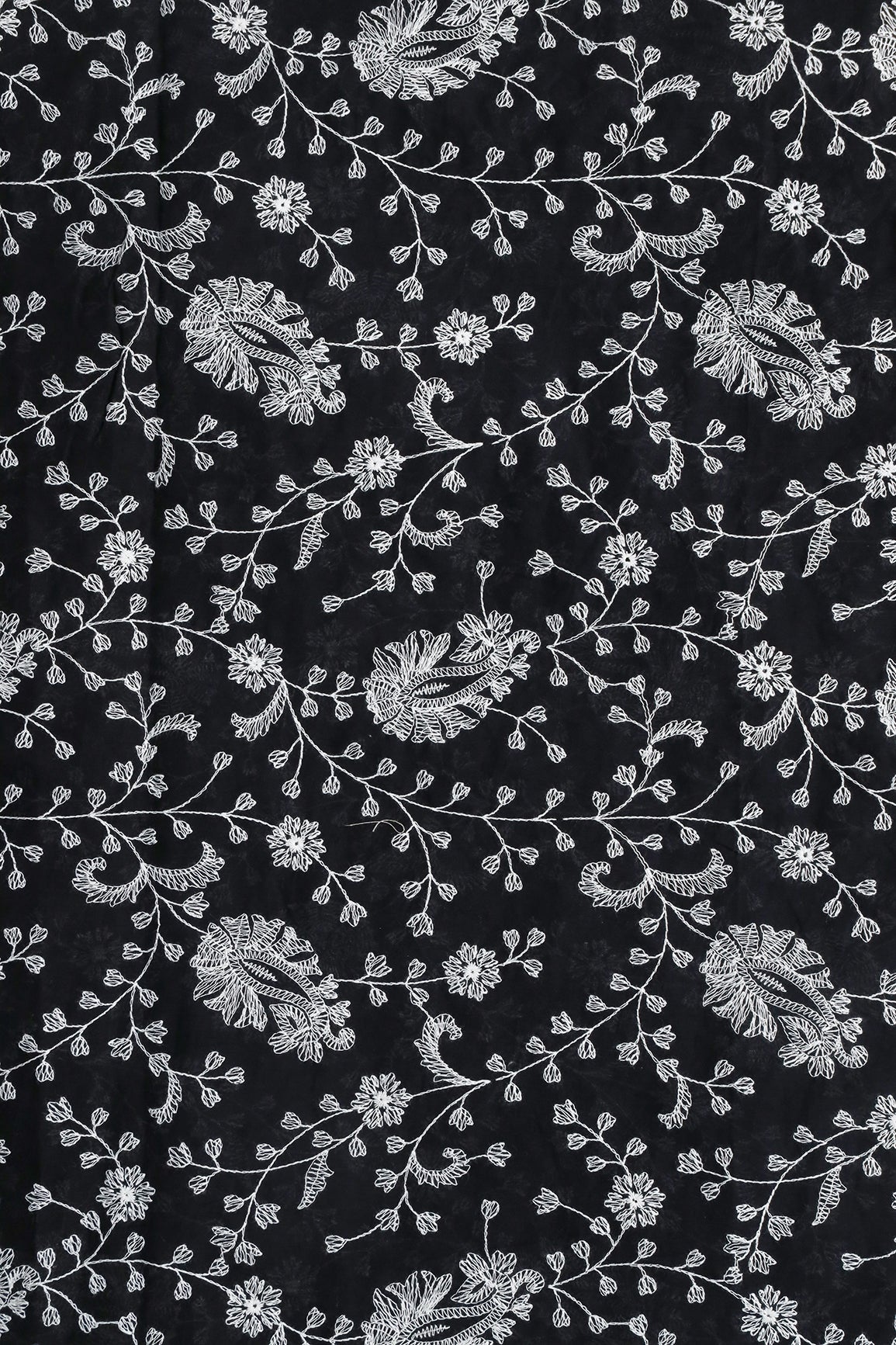 Beautiful White Thread Floral Paisley Embroidery On Black Pure Mul Cotton Fabric