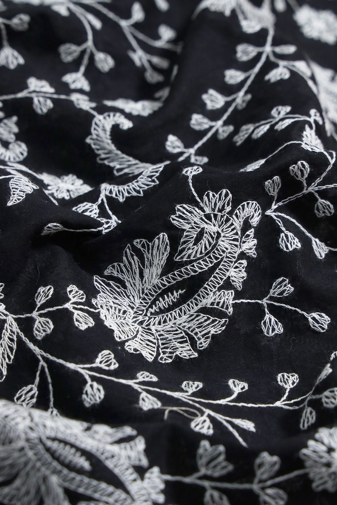 Beautiful White Thread Floral Paisley Embroidery On Black Pure Mul Cotton Fabric