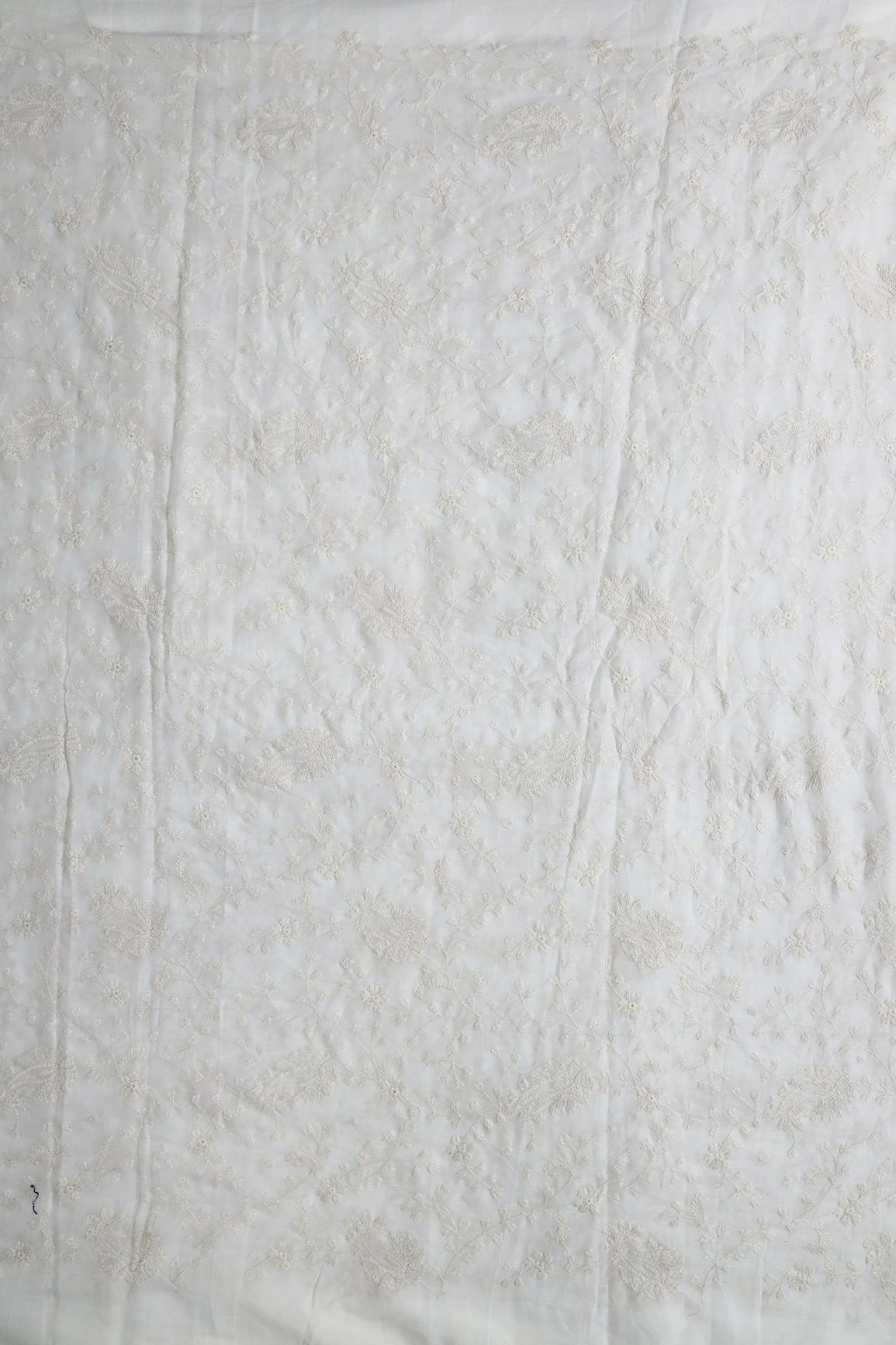 Beautiful White Thread Floral Paisley Embroidery On White Pure Mul Cotton Fabric