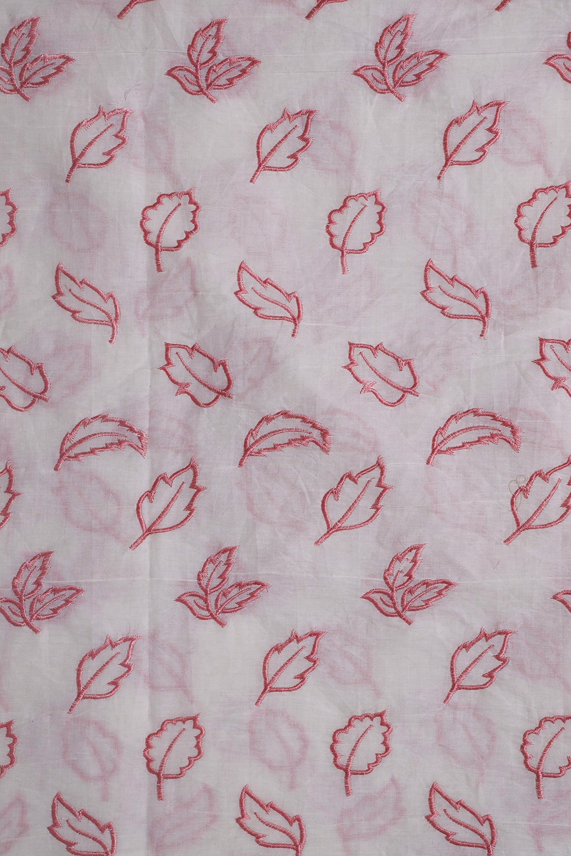 Beautiful Pink Leafy Embroidery On Off White Organic Cotton Fabric
