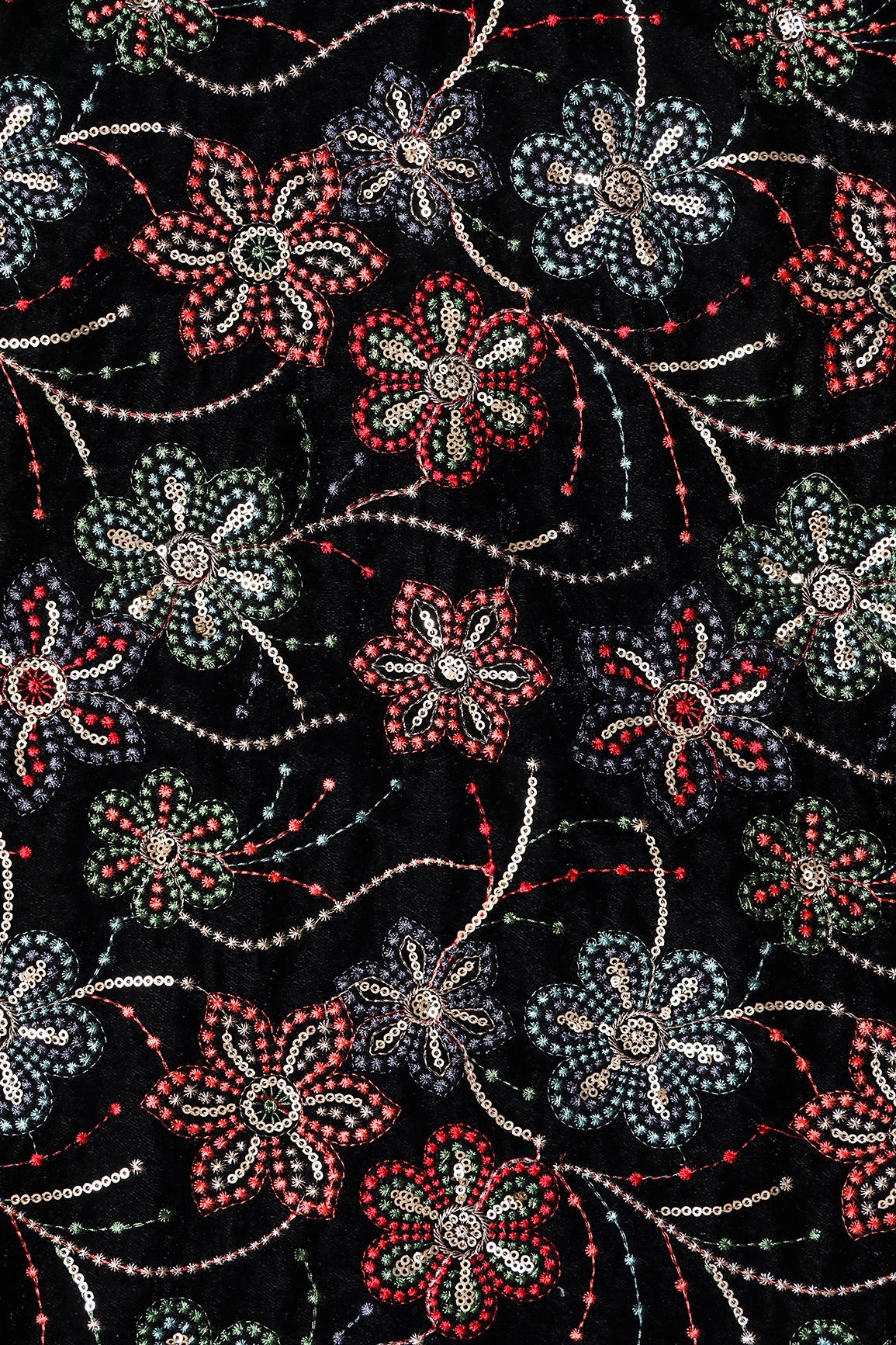 Beautiful Multi Color Thread With Sequins Floral Embroidery Work On Black Velvet Fabric