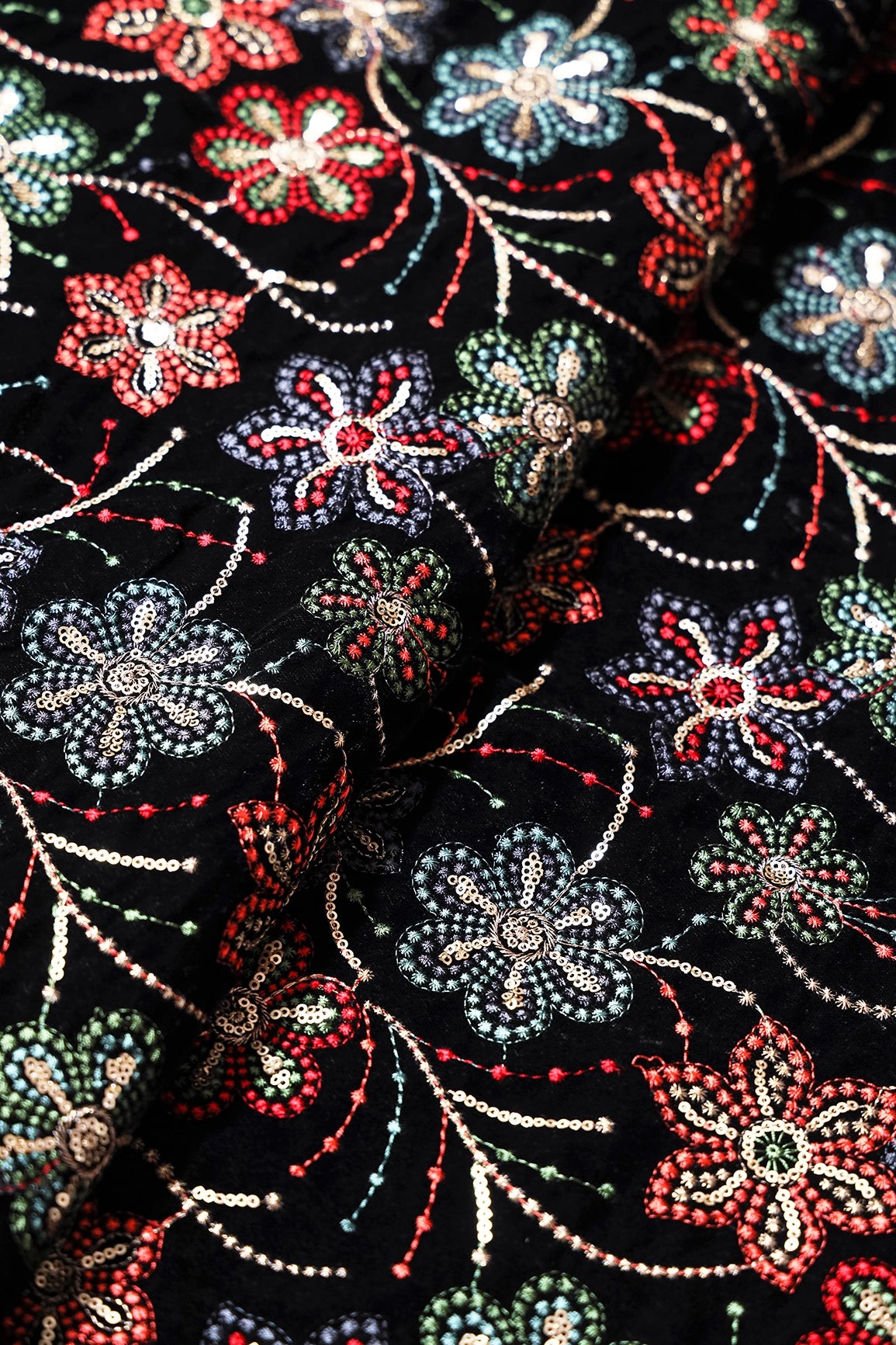 Beautiful Multi Color Thread With Sequins Floral Embroidery Work On Black Velvet Fabric