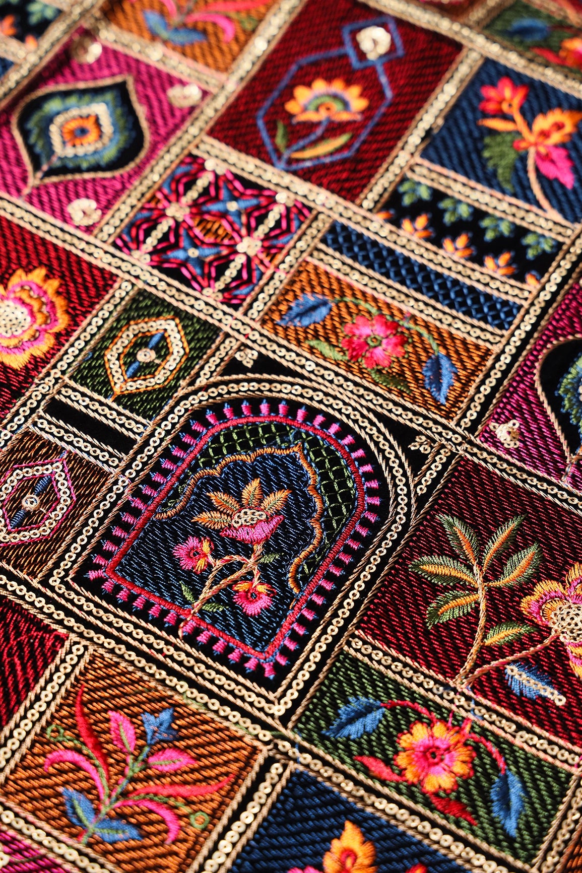Gorgeous Multi Color Thread With Sequins Traditional Embroidery Work On Black Velvet Fabric