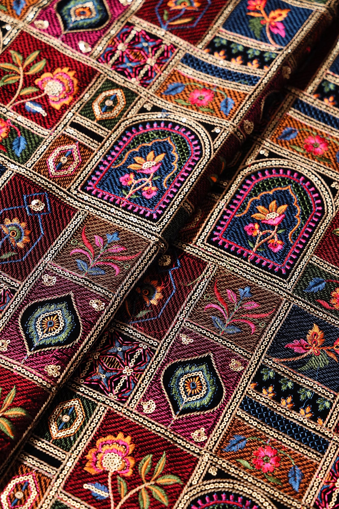 Gorgeous Multi Color Thread With Sequins Traditional Embroidery Work On Black Velvet Fabric