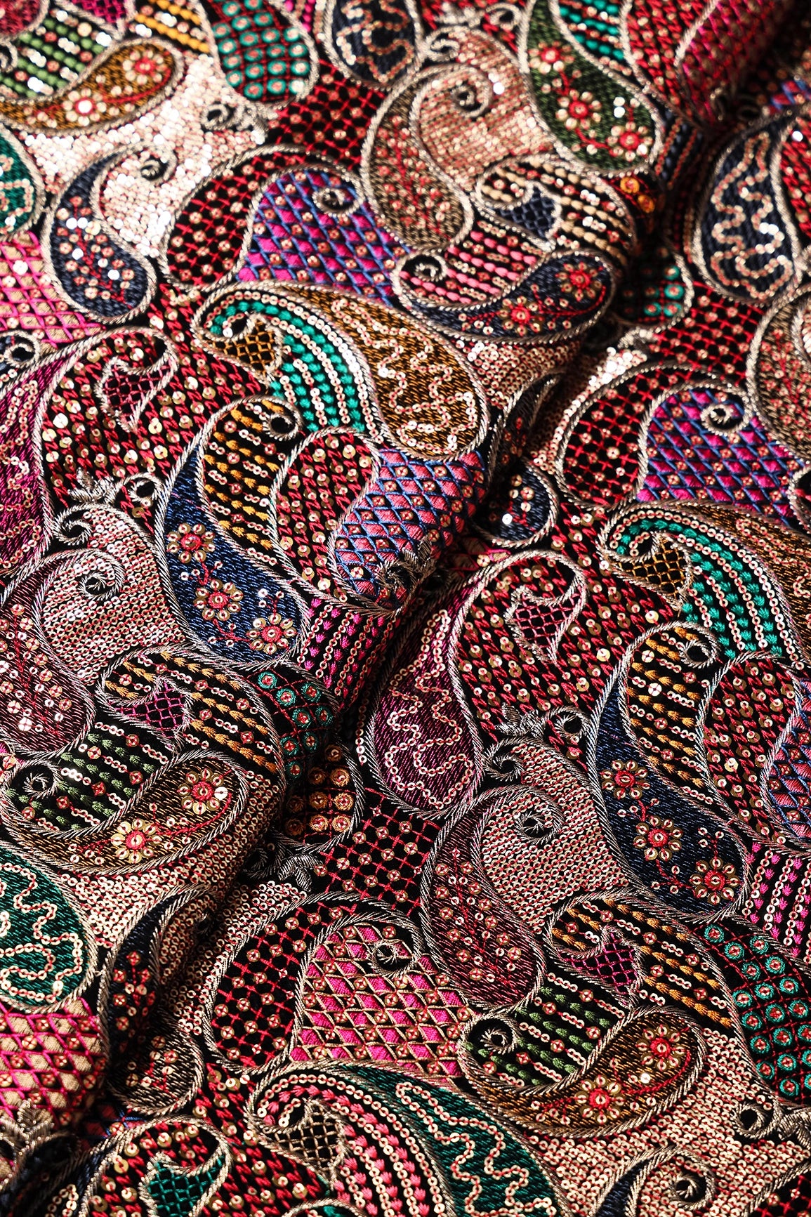 Beautiful Multi Color Thread With Sequins Paisley Embroidery Work On Black Velvet Fabric
