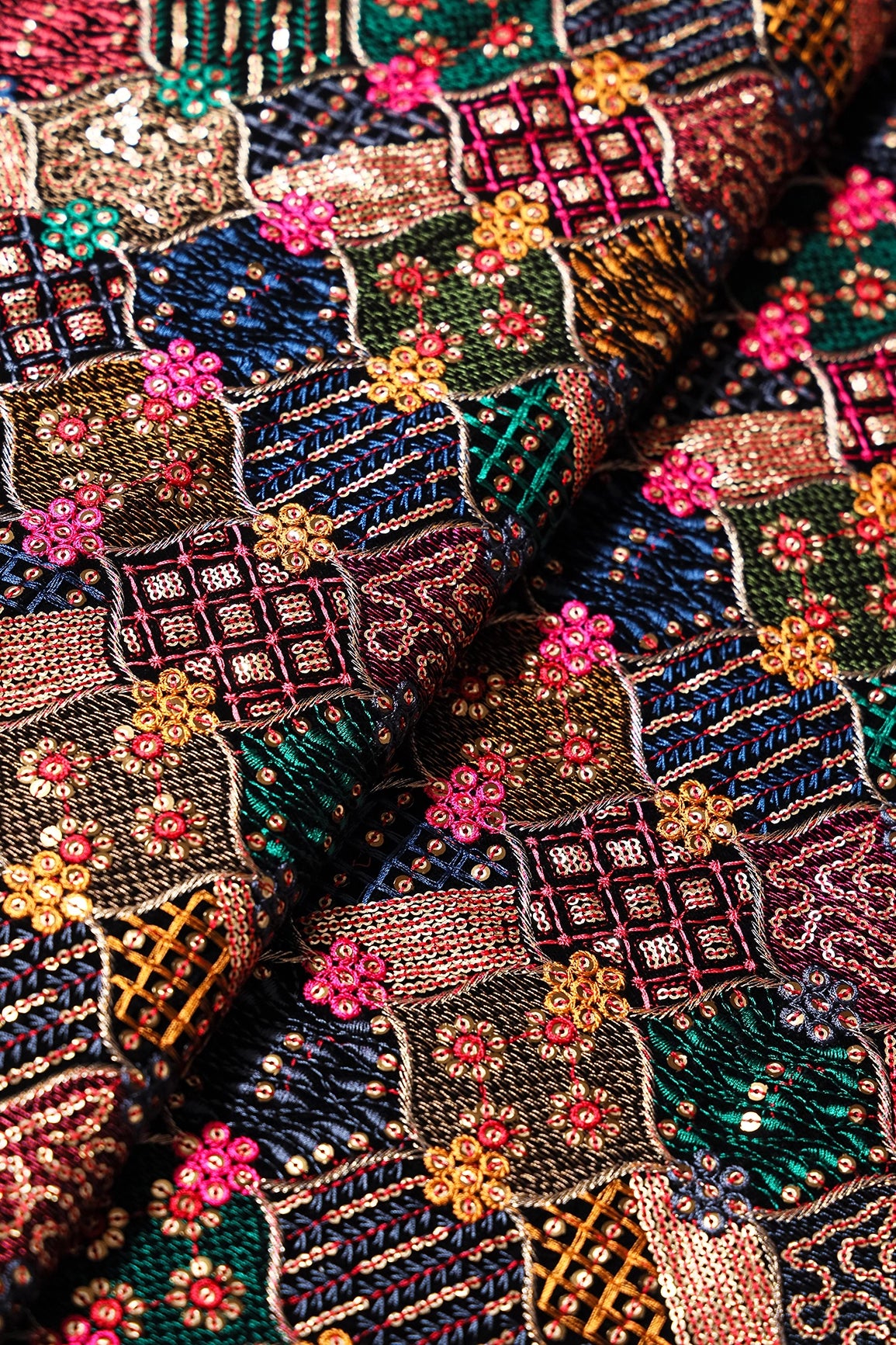 Multi Color Thread With Sequins Trellis Embroidery Work On Black Velvet Fabric