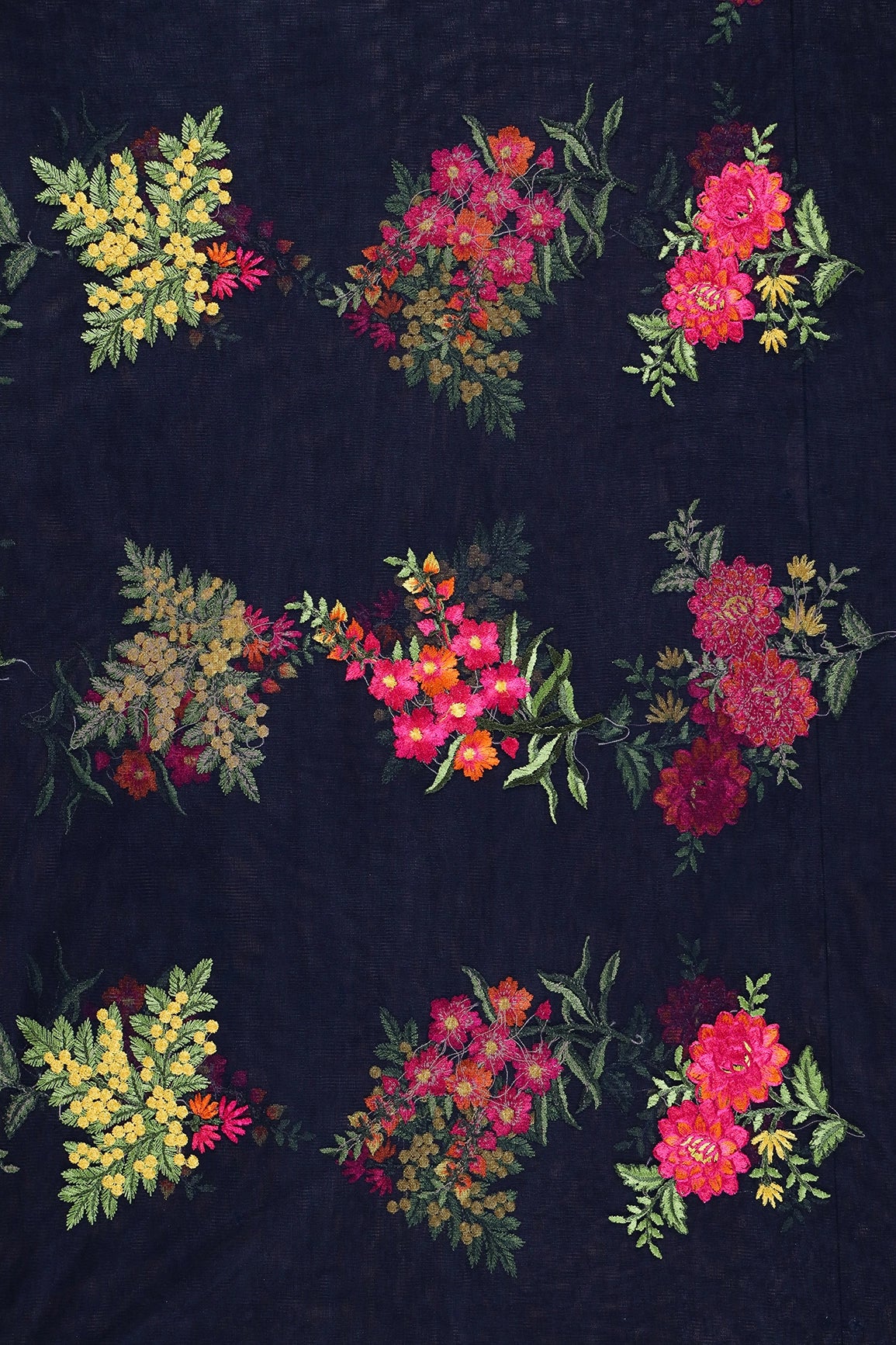 1.50 Meter Cut Piece Of Multi Thread Floral Embroidery On Navy Blue Soft Net Fabric
