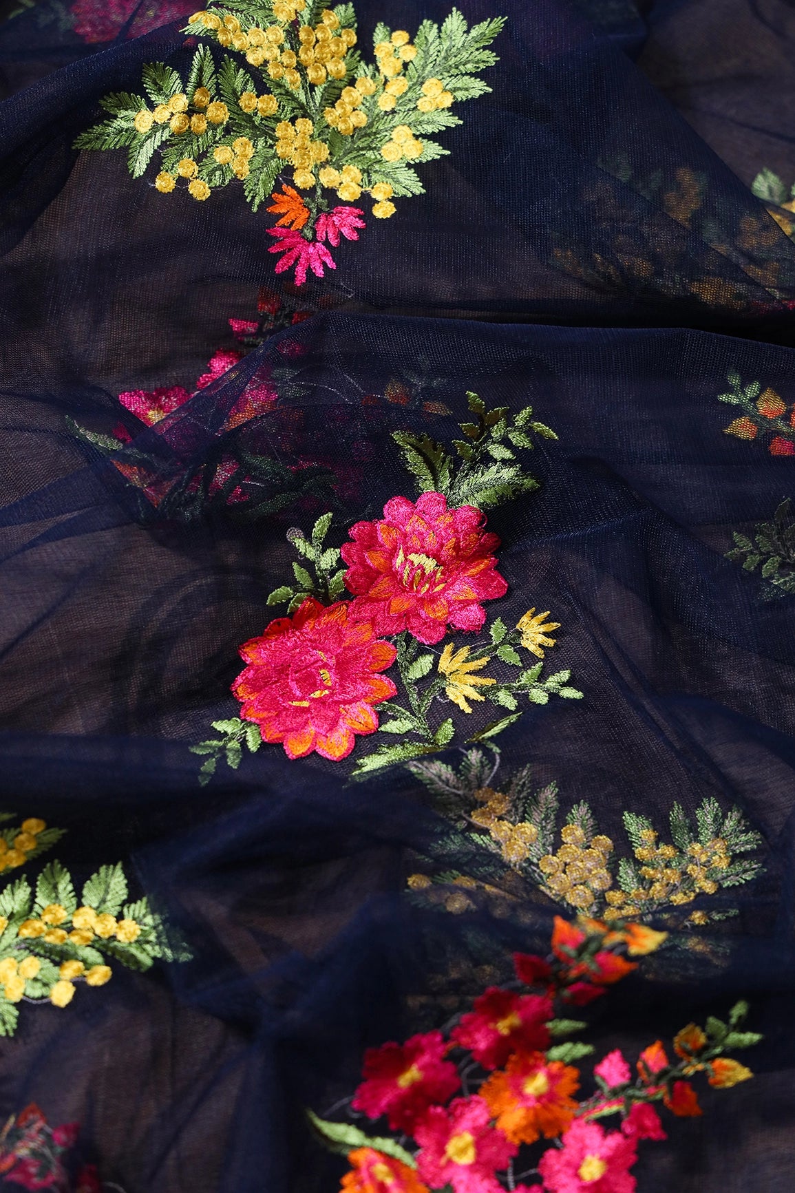 1.50 Meter Cut Piece Of Multi Thread Floral Embroidery On Navy Blue Soft Net Fabric