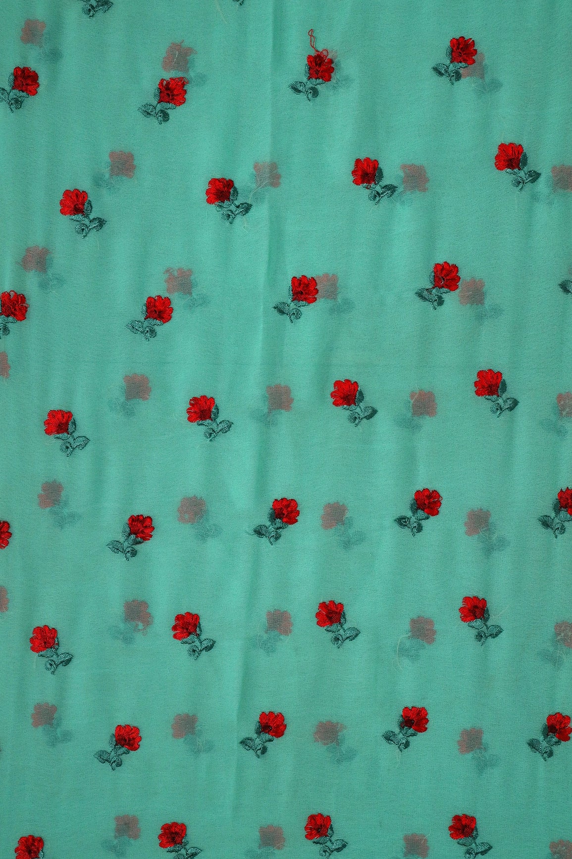 1 Meter Cut Piece Of Red And Green Thread Small Floral Embroidery On Sea Green Georgette Fabric