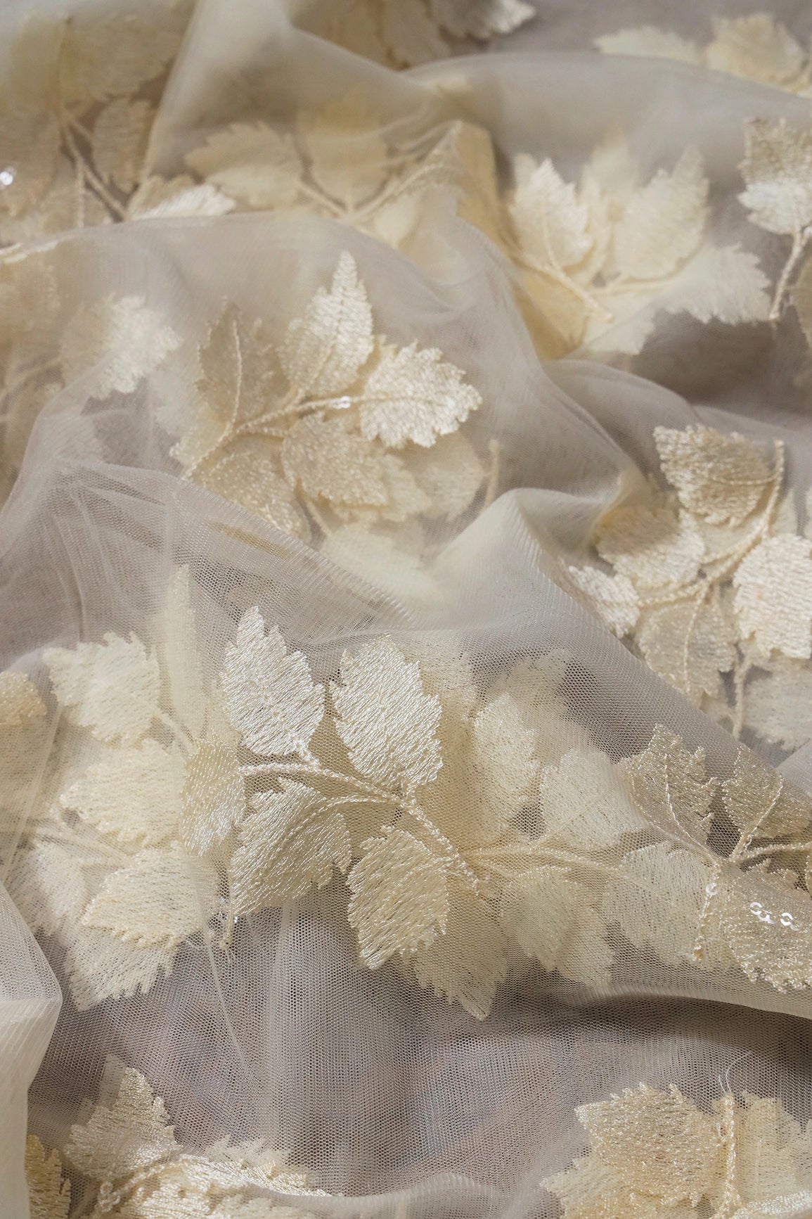 4 Meter Cut Piece Of Cream Thread With Sequins Leafy Embroidery On Cream Soft Net Fabric