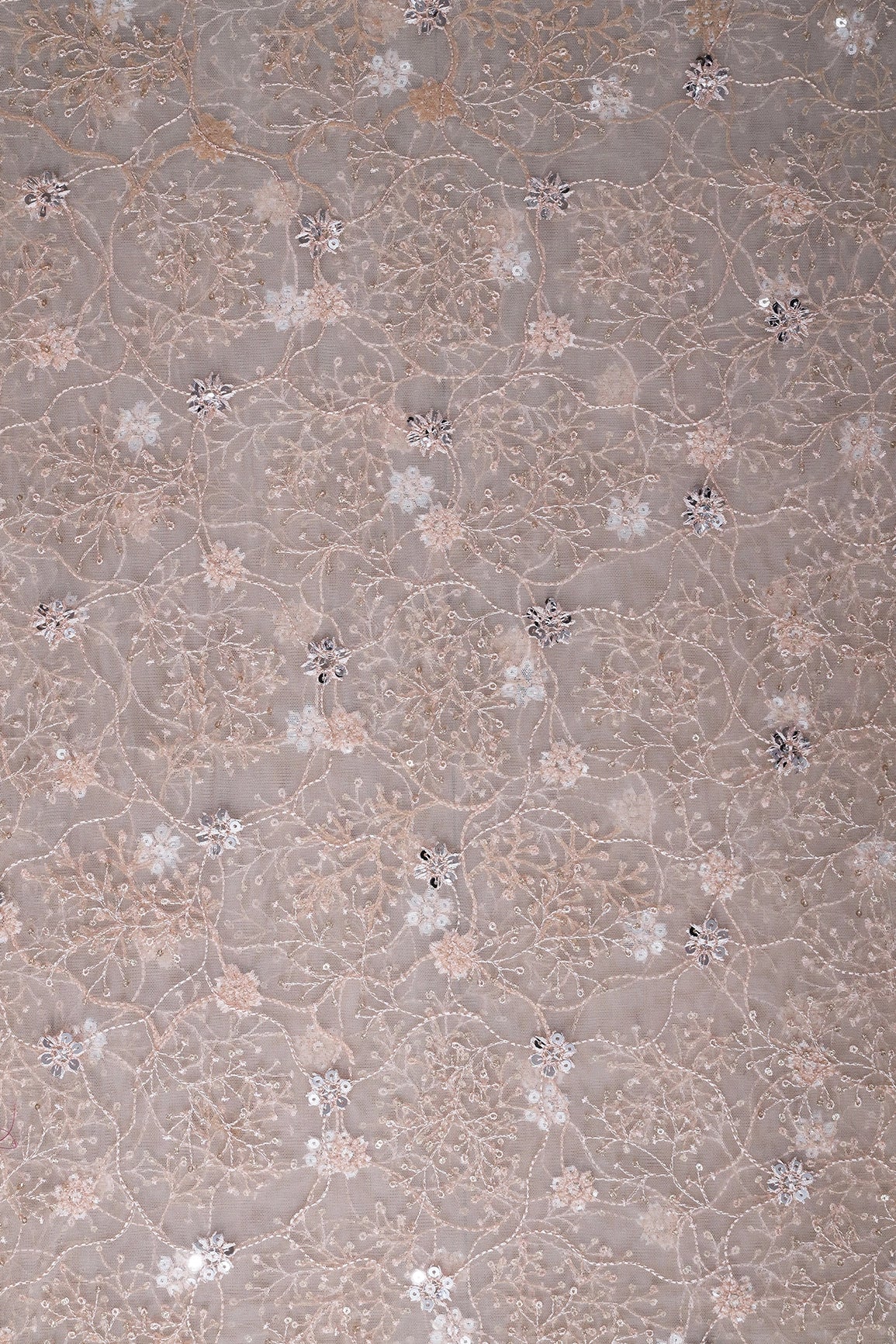 1.75 Meter Cut Piece Of Silver Sequins With Peach Thread Embroidery On Cream Soft Net Fabric