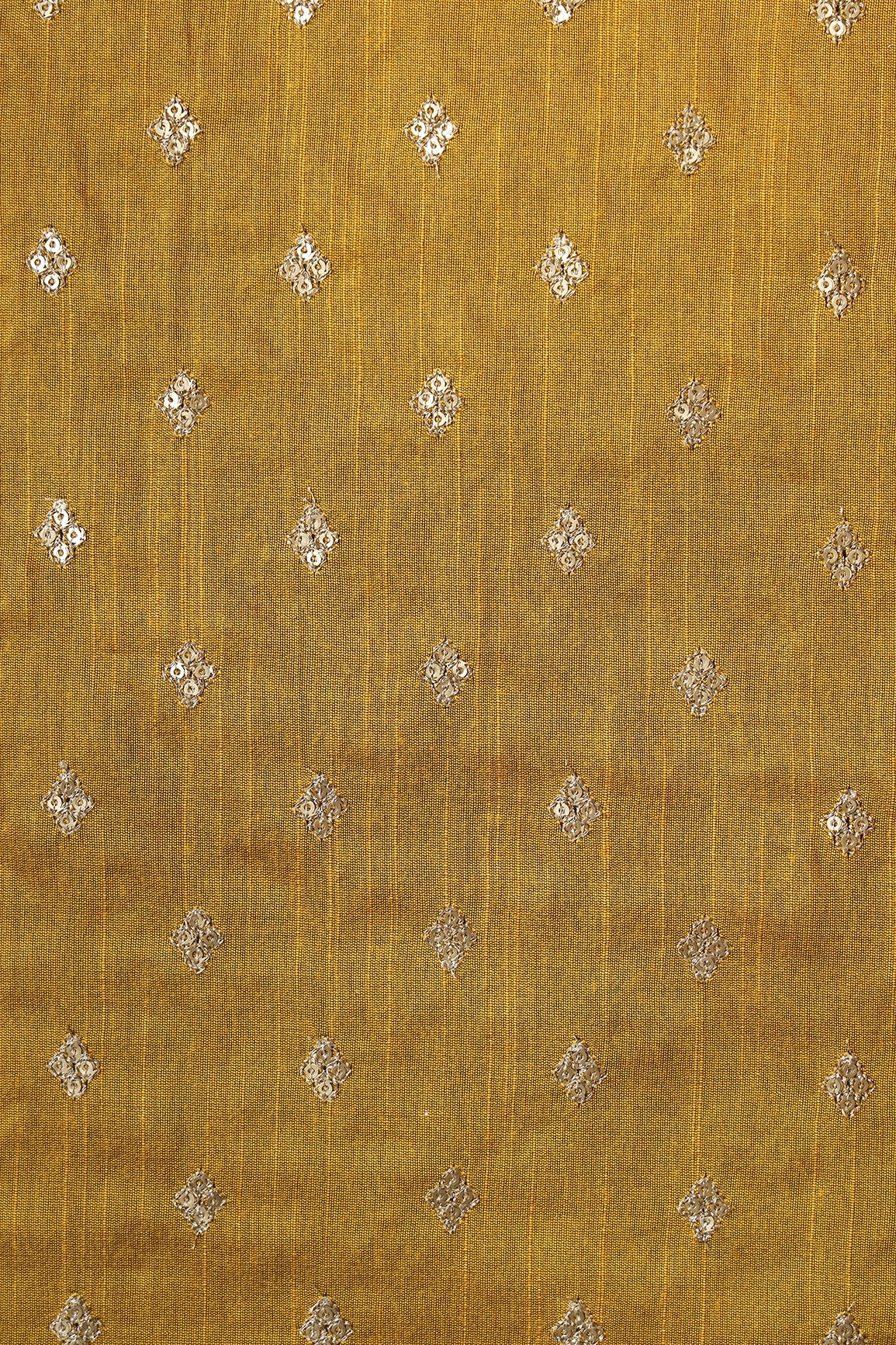 Gold Sequins With Gold Zari Small Motif Embroidery Work On Mustard Raw Silk Fabric