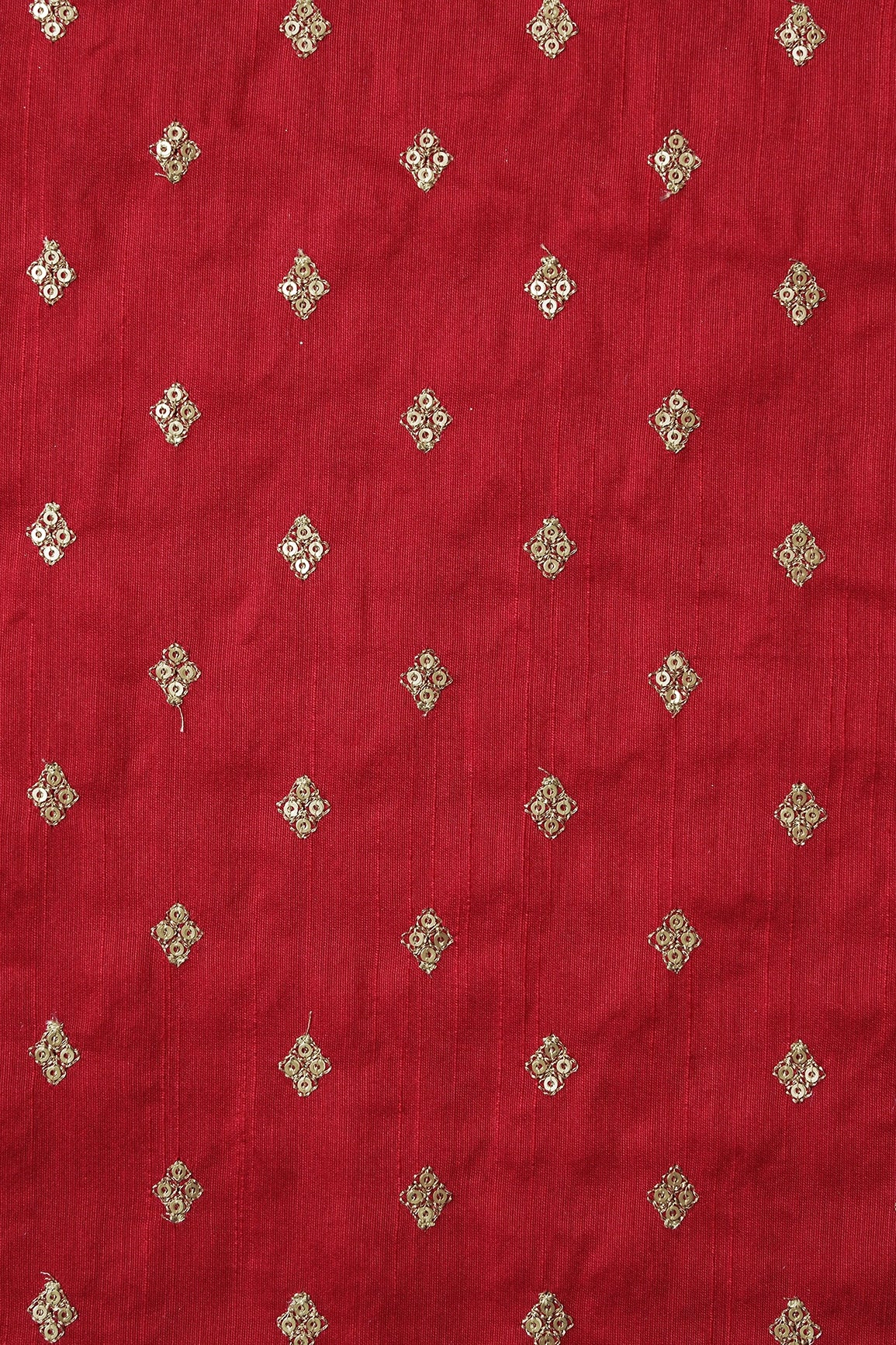 Gold Sequins With Gold Zari Small Motif Embroidery Work On Red Raw Silk Fabric