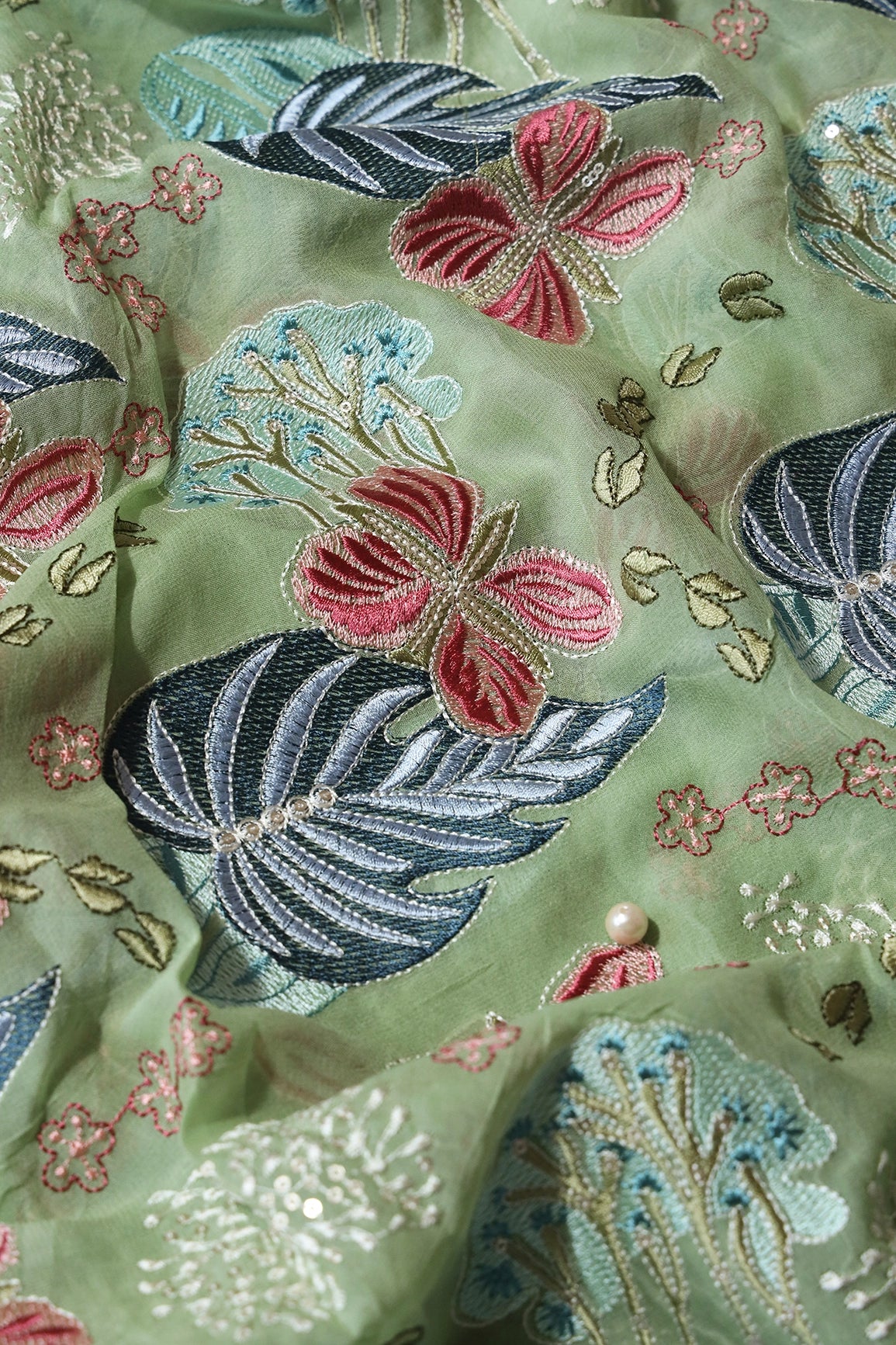 Beautiful Floral Heavy Embroidery With Sequins On Olive Viscose Georgette Fabric