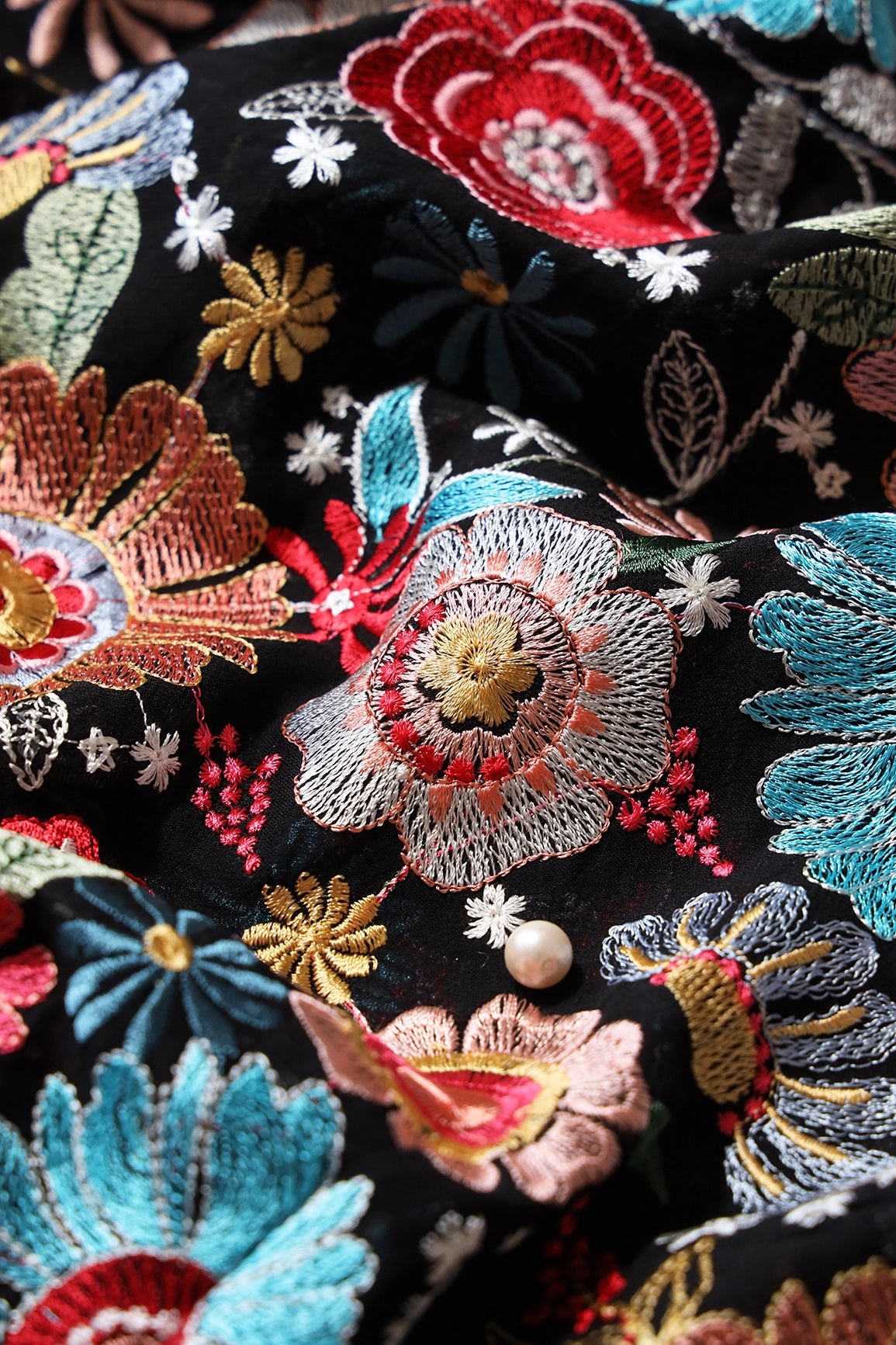 Multi Color Floral Heavy Embroidery On Black Viscose Georgette Fabric
