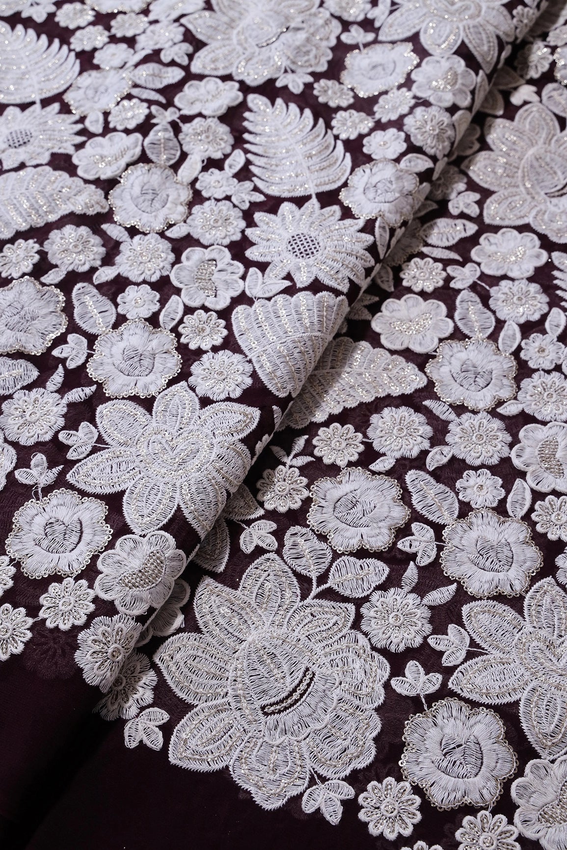 White Thread With Sequins Heavy Floral Embroidery On Wine Viscose Georgette Fabric