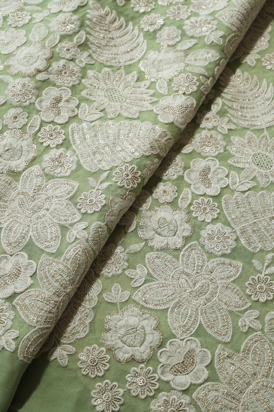 White Thread With Sequins Heavy Floral Embroidery On Parrot Green Viscose Georgette Fabric
