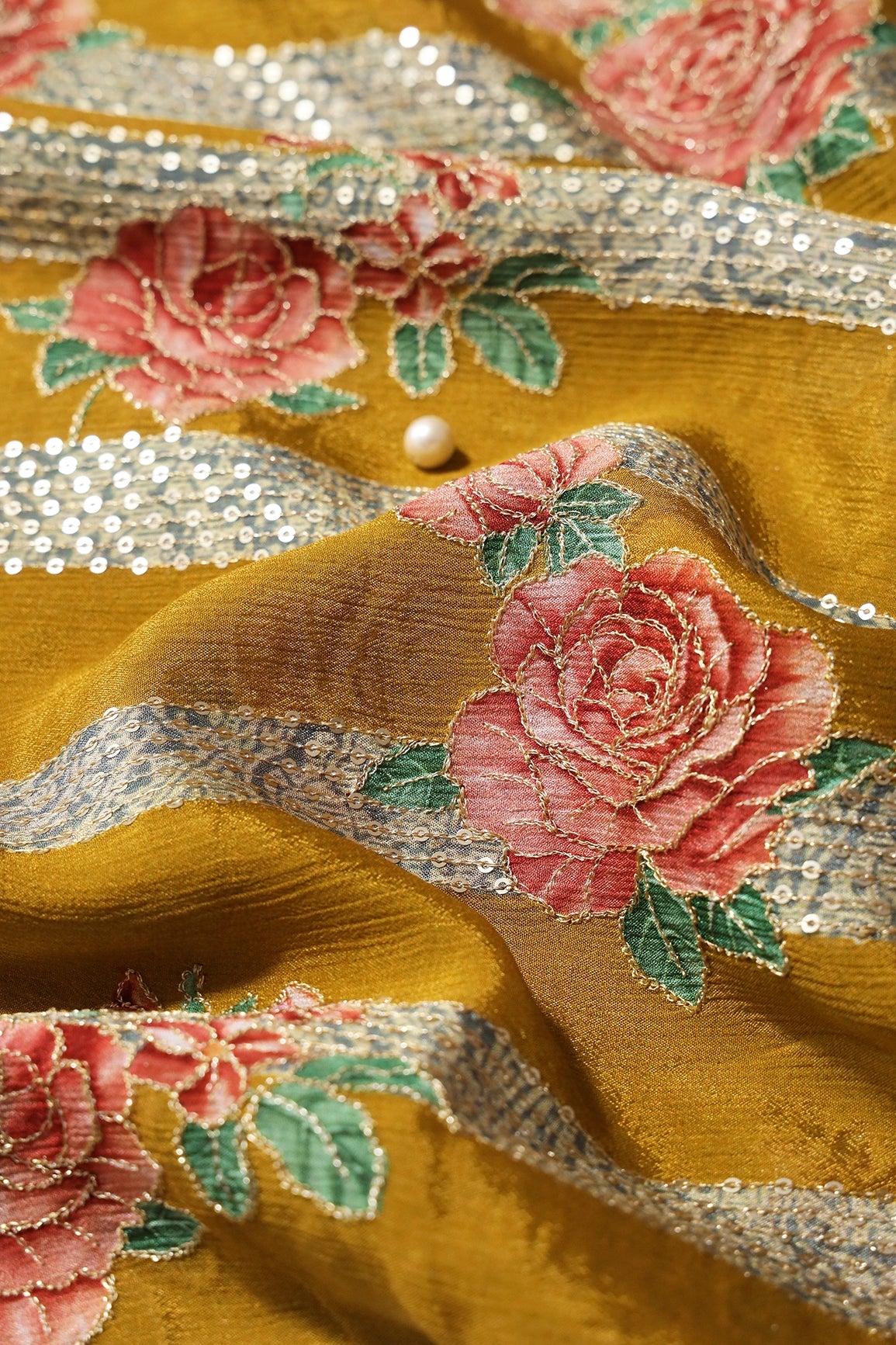 Beautiful Floral With Stripes Position Print On Sequins Embroidery Yellow Viscose Chinnon Chiffon Fabric