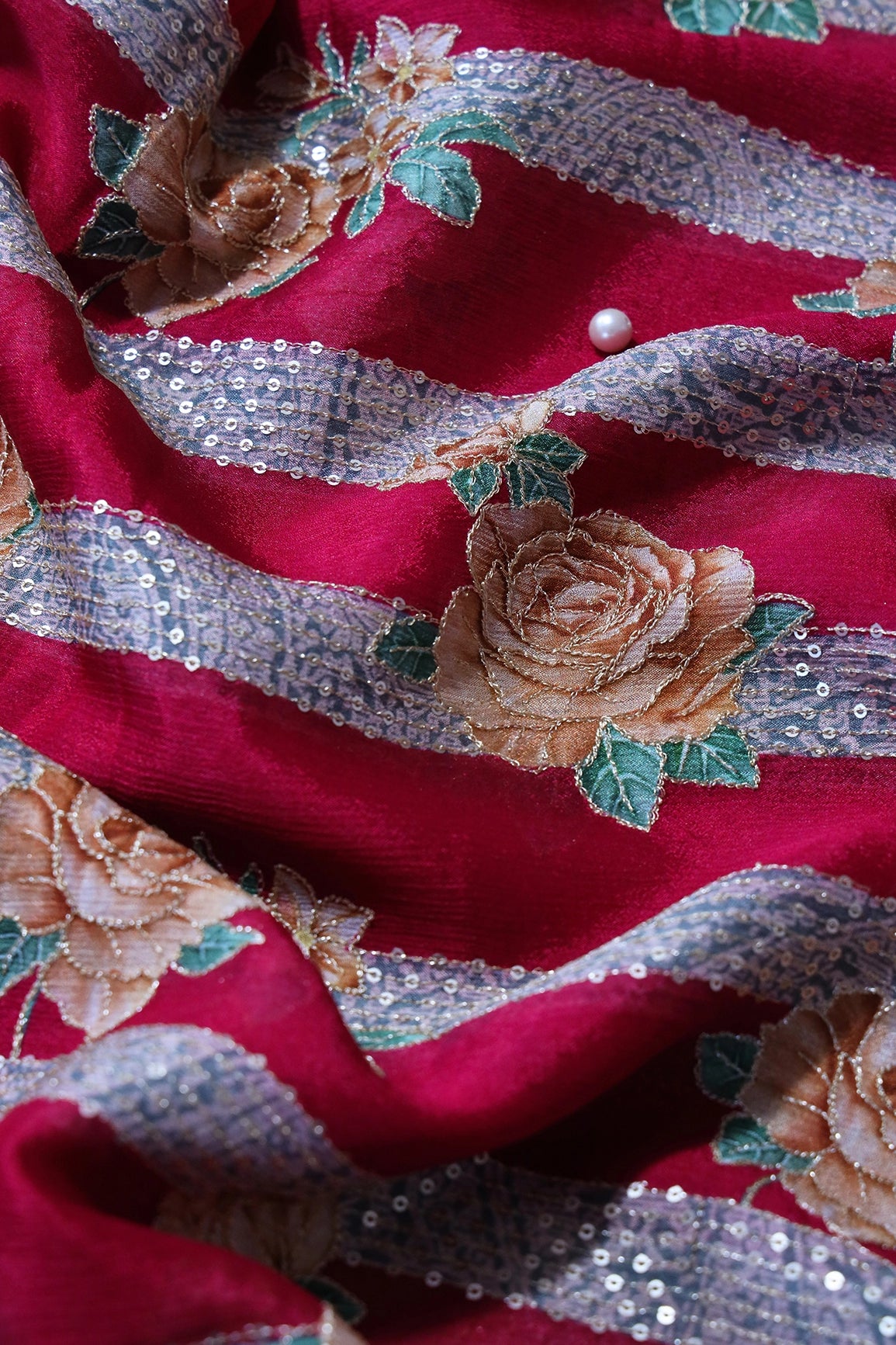 Beautiful Floral With Stripes Position Print On Sequins Embroidery Fuchsia Viscose Chinnon Chiffon Fabric