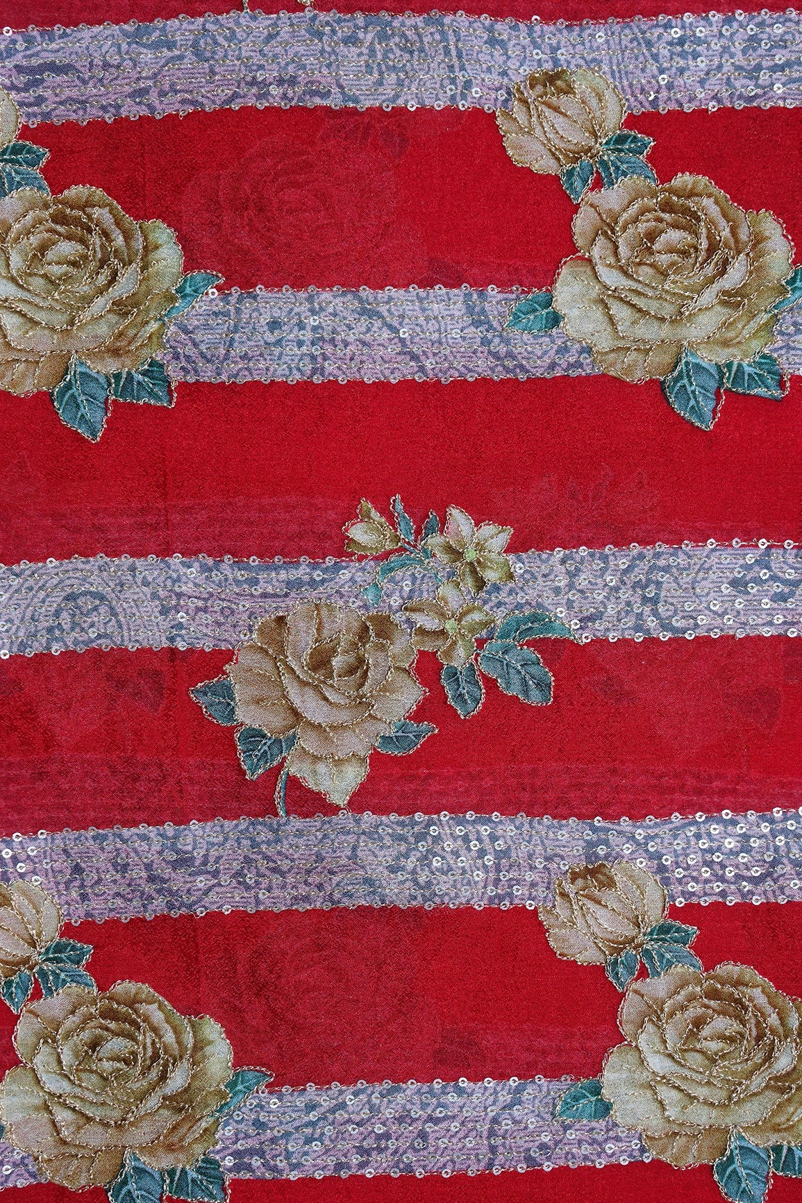 Beautiful Floral With Stripes Position Print On Sequins Embroidery Red Viscose Chinnon Chiffon Fabric