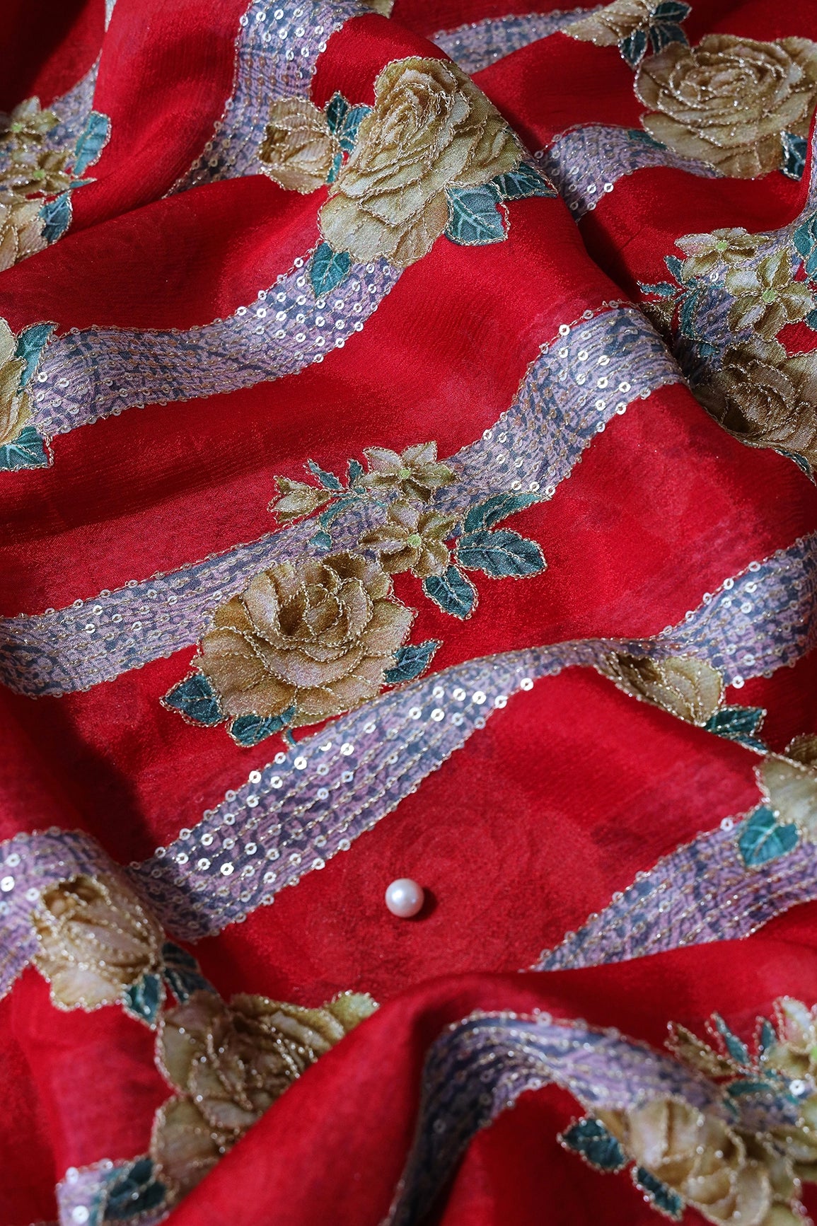 Beautiful Floral With Stripes Position Print On Sequins Embroidery Red Viscose Chinnon Chiffon Fabric